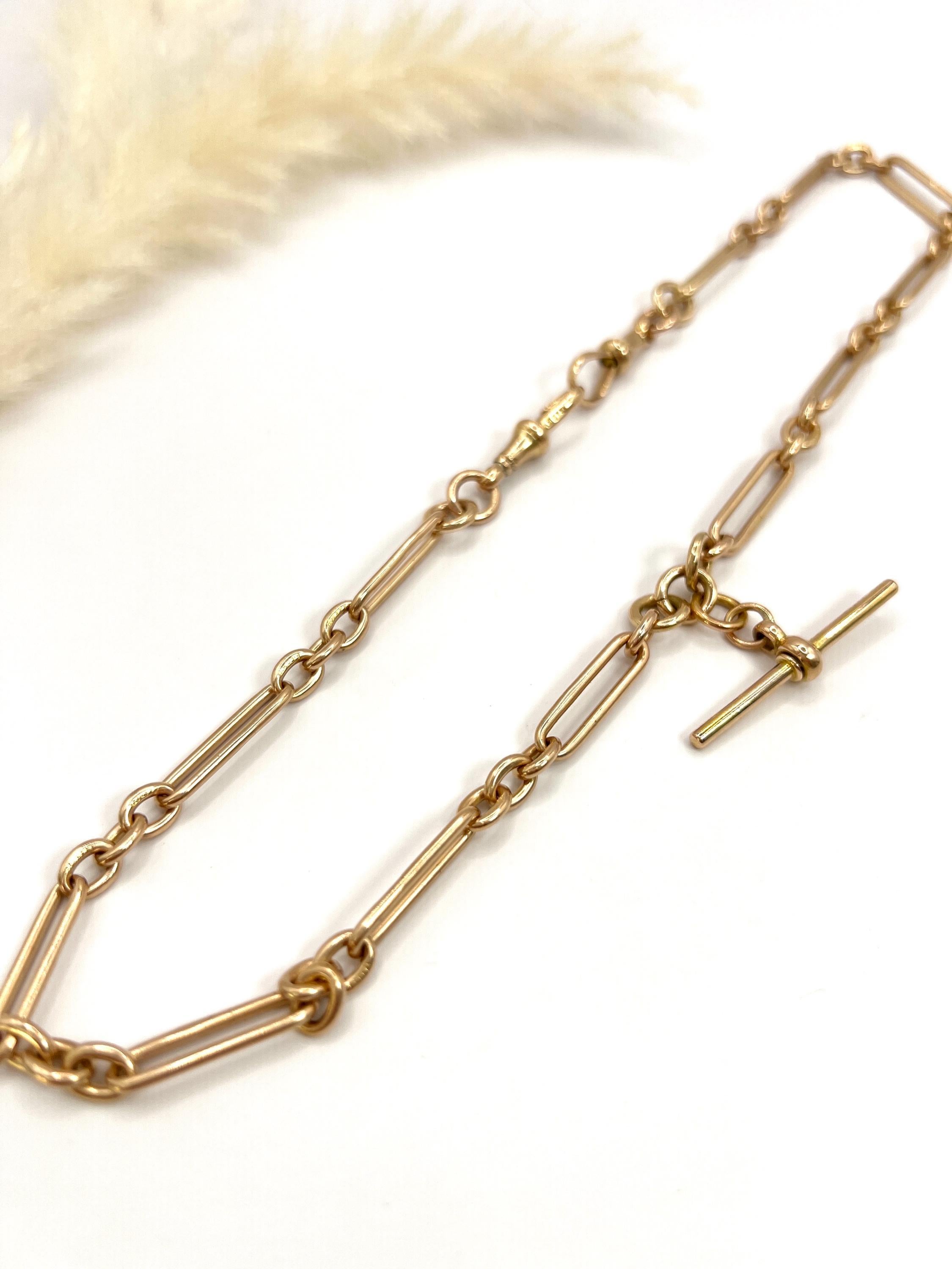 Cadena de eslabones de trombón eduardiana de oro rosa de 15 ct y 18 pulgadas Hallmarked Chester 1912 en Bueno estado para la venta en Brighton, GB