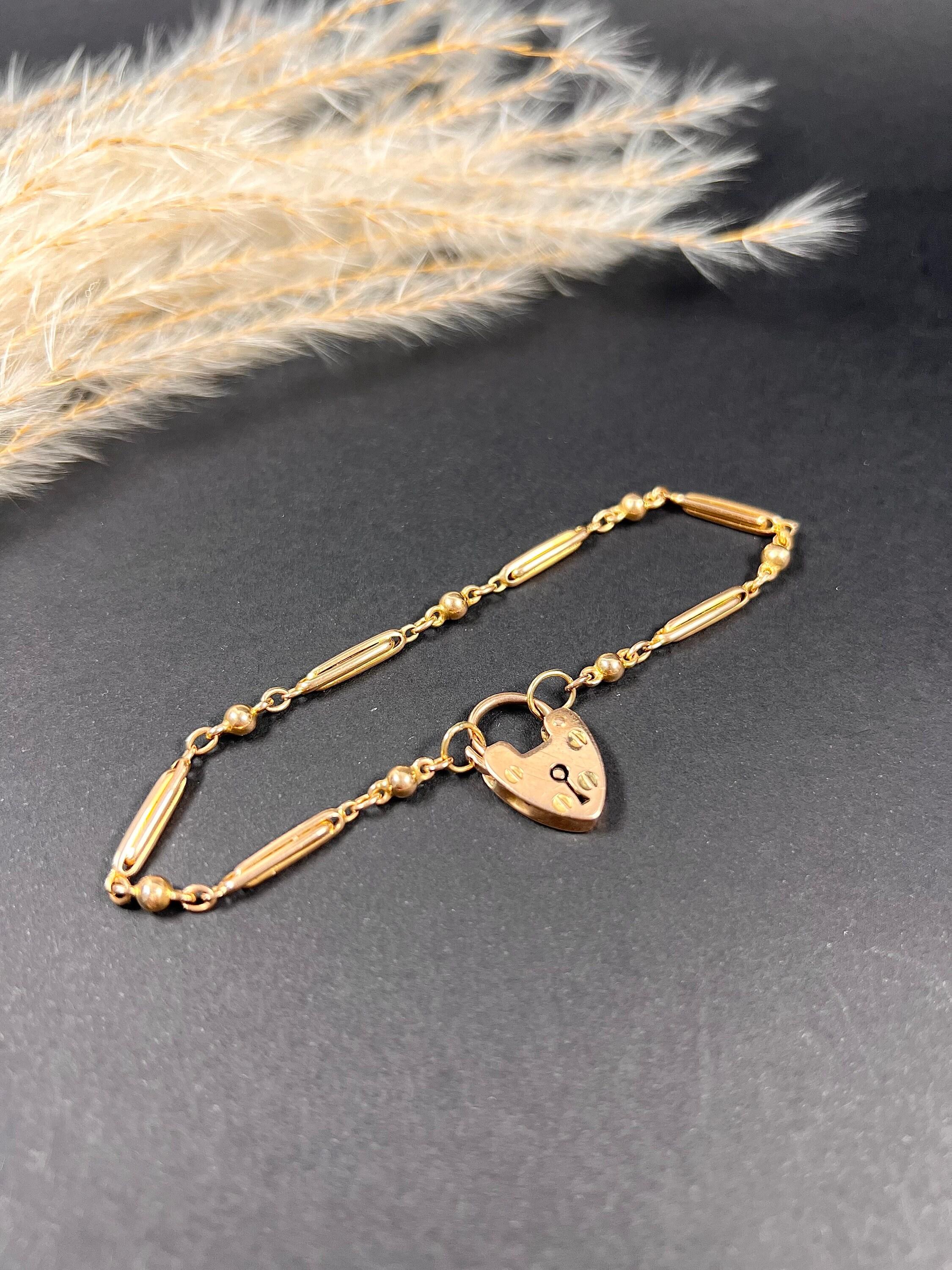 15 Karat Roségold Edwardianisches Fancy Paperclip & Kugelglieder-Herz- Padlock-Armband für Damen oder Herren