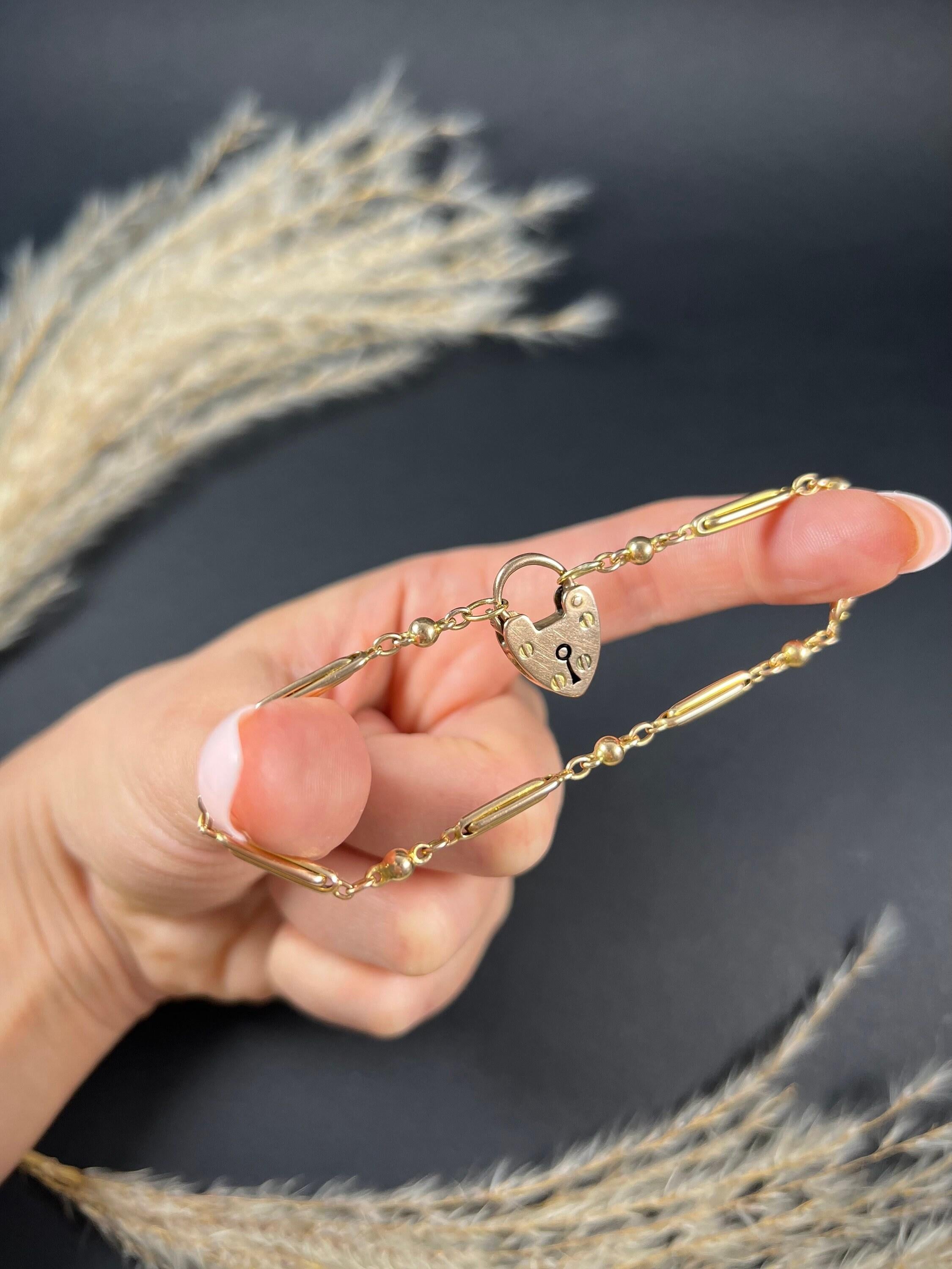 15 Karat Roségold Edwardianisches Fancy Paperclip & Kugelglieder-Herz- Padlock-Armband 1