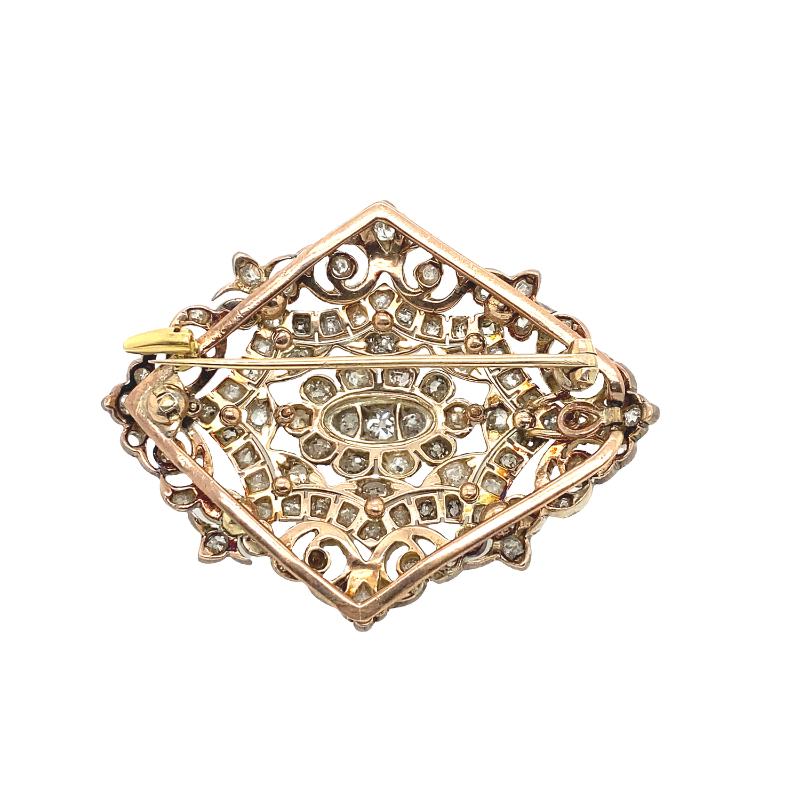 15ct Rose Gold & Silver Brooch Set with Victorian Rose Cut Diamonds In Good Condition For Sale In London, GB