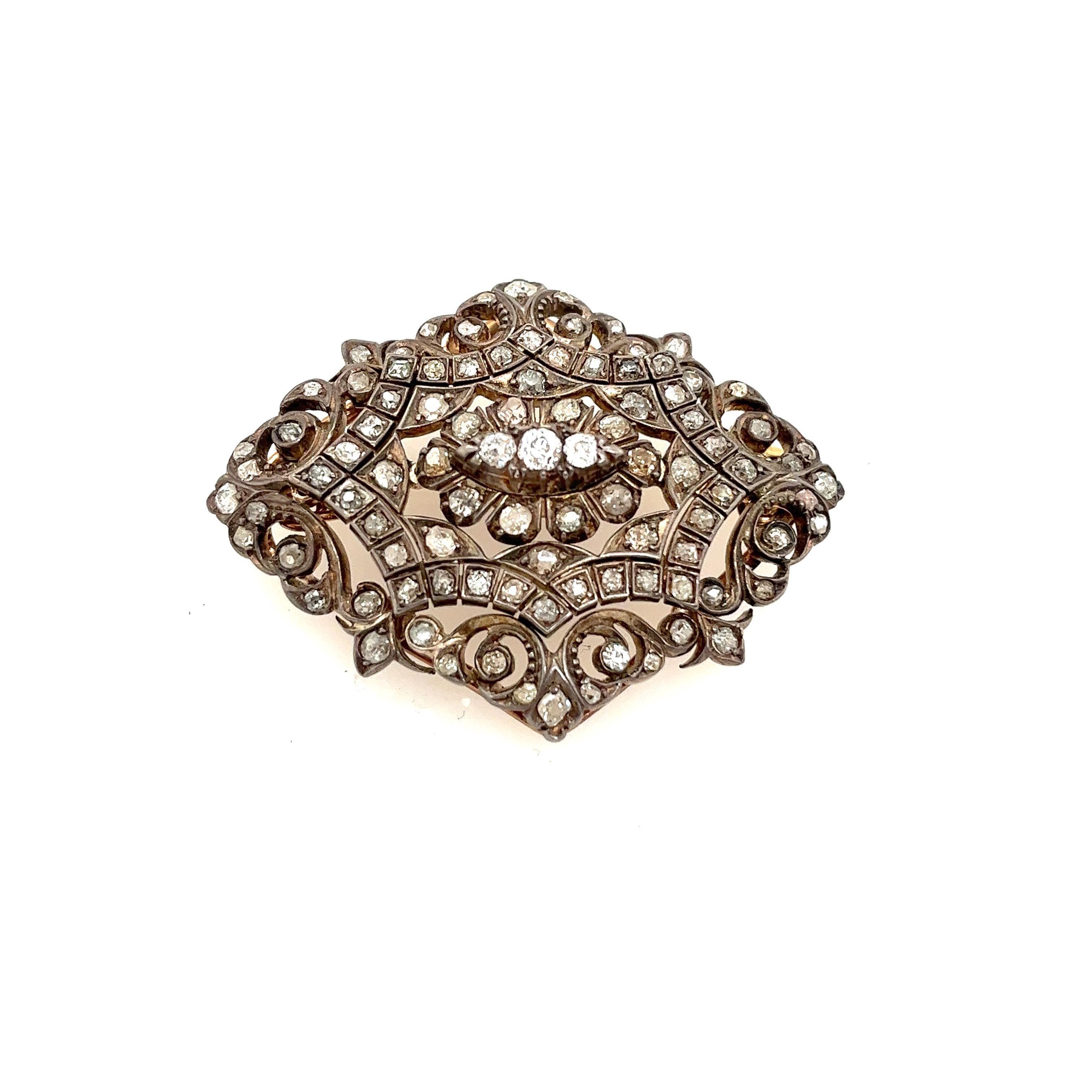 Women's 15ct Rose Gold & Silver Brooch Set with Victorian Rose Cut Diamonds For Sale