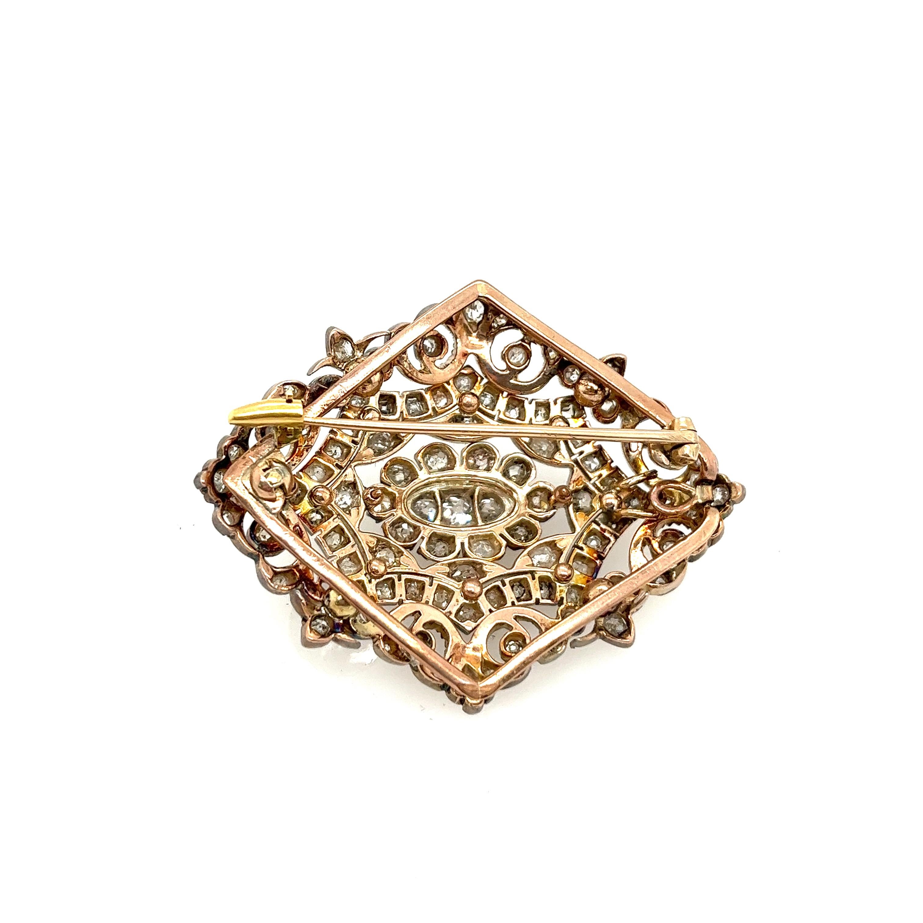 15ct Rose Gold & Silver Brooch Set with Victorian Rose Cut Diamonds For Sale 1