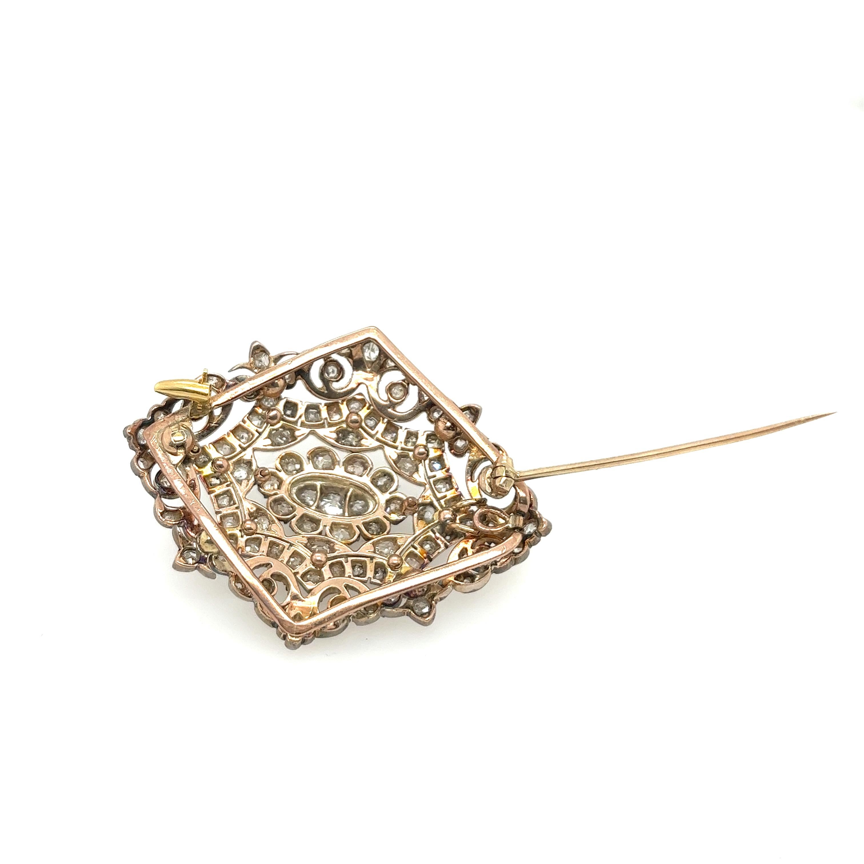 15ct Rose Gold & Silver Brooch Set with Victorian Rose Cut Diamonds For Sale 3