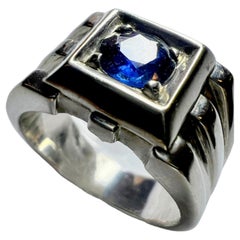 1.5ct Round Cut Blue Sapphire Signet Platinum Silver Ring 