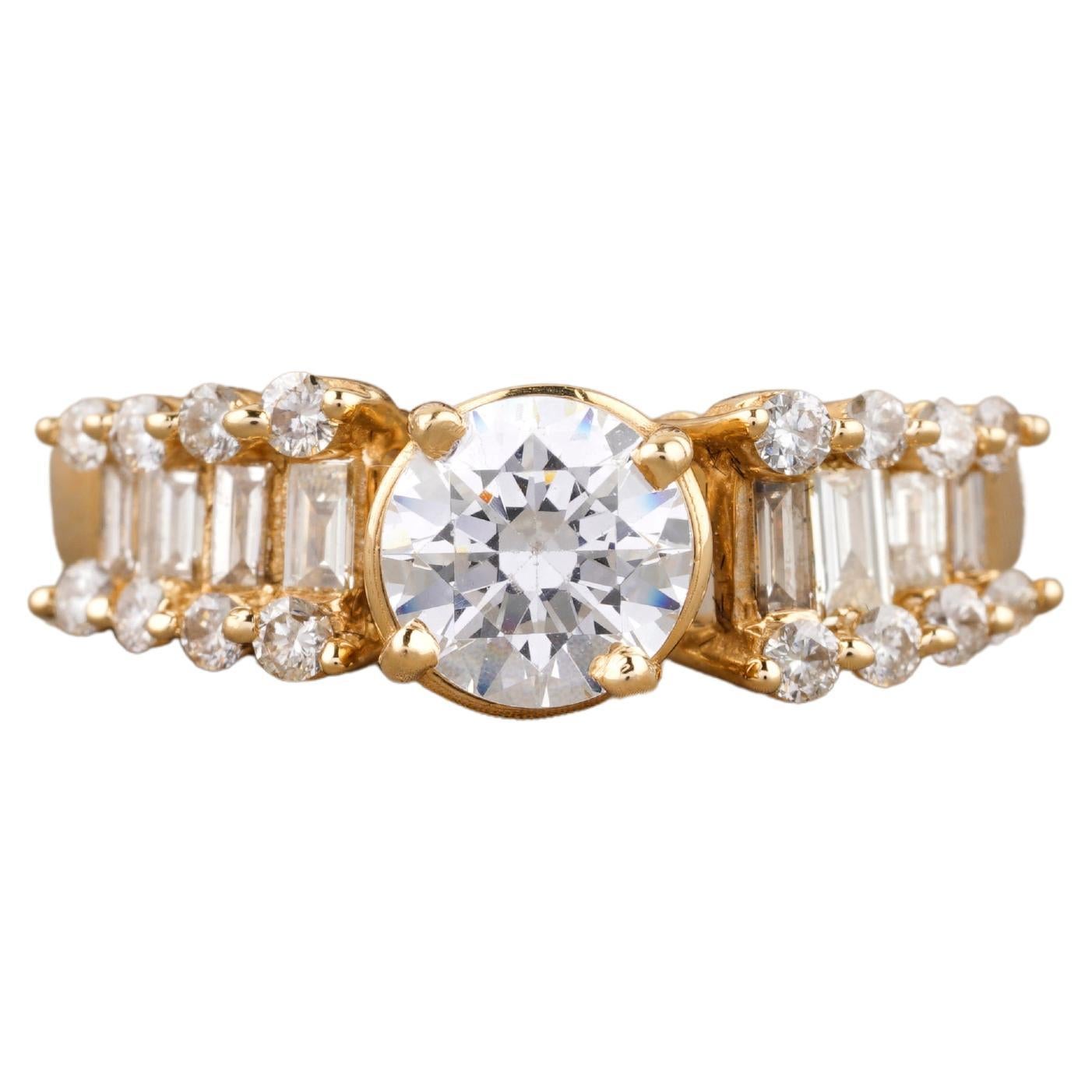 For Sale:  1.5 Carat Round Solitaire Diamond Ring with Baguettes in 18k Solid Gold