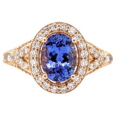 Anello di tanzanite da 1,5 carati con diamanti estratti dalla terra in oro giallo massiccio 14 carati ovale 8x6