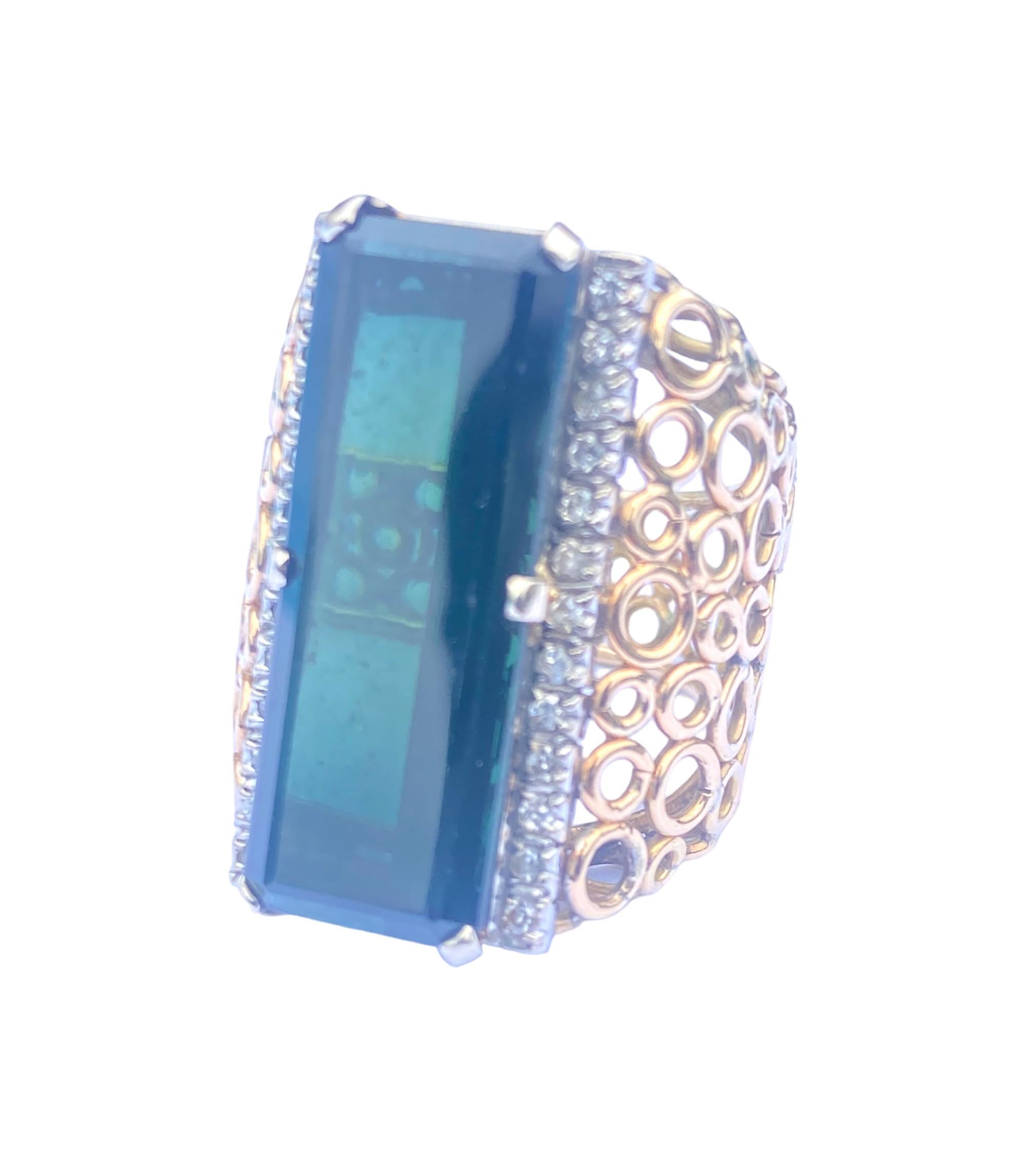 Emerald Cut  15Carat Tourmaline & Diamond Bubble Custom Ring 14Karat