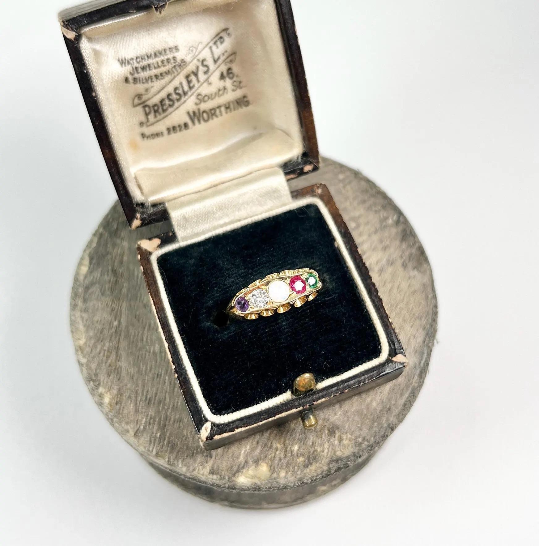15ct Two Colour Gold Victorian Amethyst Diamond Opal Ruby and Emerald Adore Ring 6