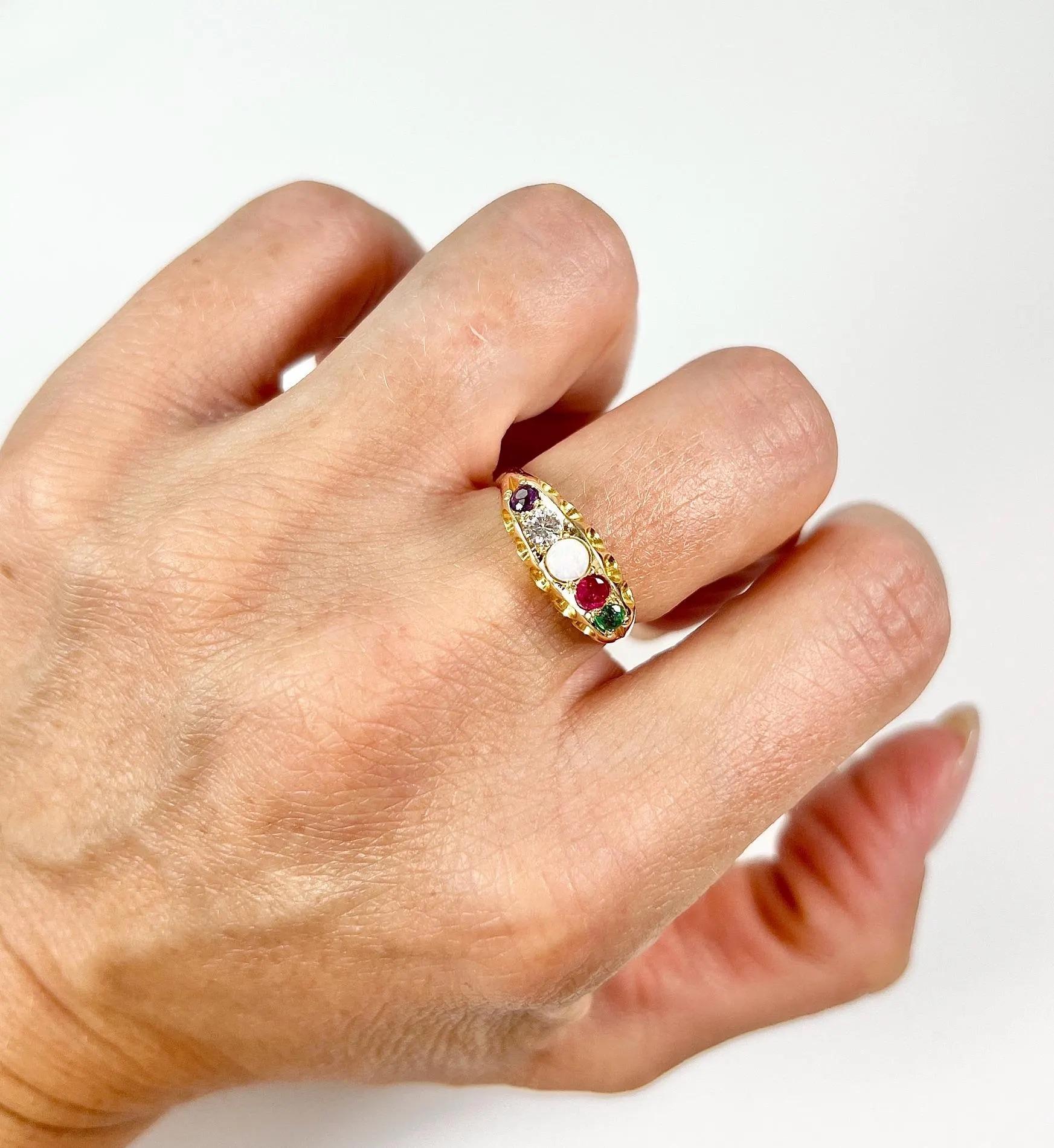 Round Cut 15ct Two Colour Gold Victorian Amethyst Diamond Opal Ruby and Emerald Adore Ring