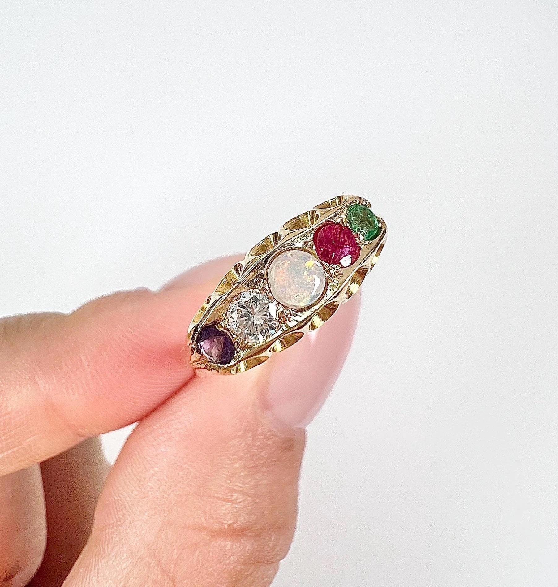 15ct Two Colour Gold Victorian Amethyst Diamond Opal Ruby and Emerald Adore Ring In Good Condition In Brighton, GB