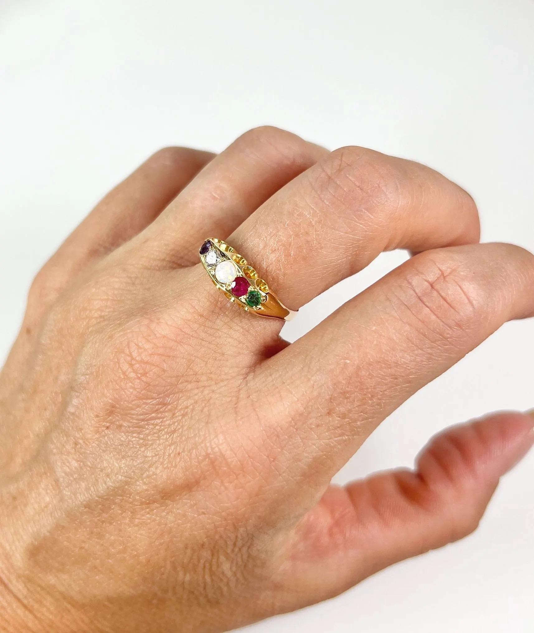 Women's or Men's 15ct Two Colour Gold Victorian Amethyst Diamond Opal Ruby and Emerald Adore Ring