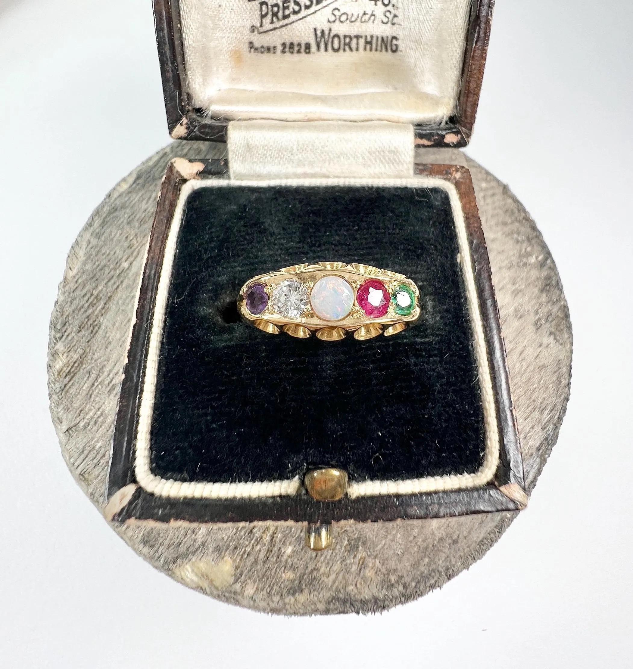15ct Two Colour Gold Victorian Amethyst Diamond Opal Ruby and Emerald Adore Ring 1
