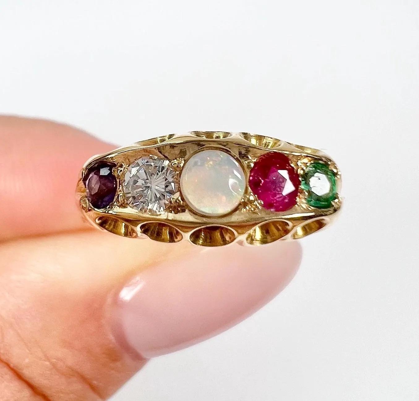 15ct Two Colour Gold Victorian Amethyst Diamond Opal Ruby and Emerald Adore Ring 4