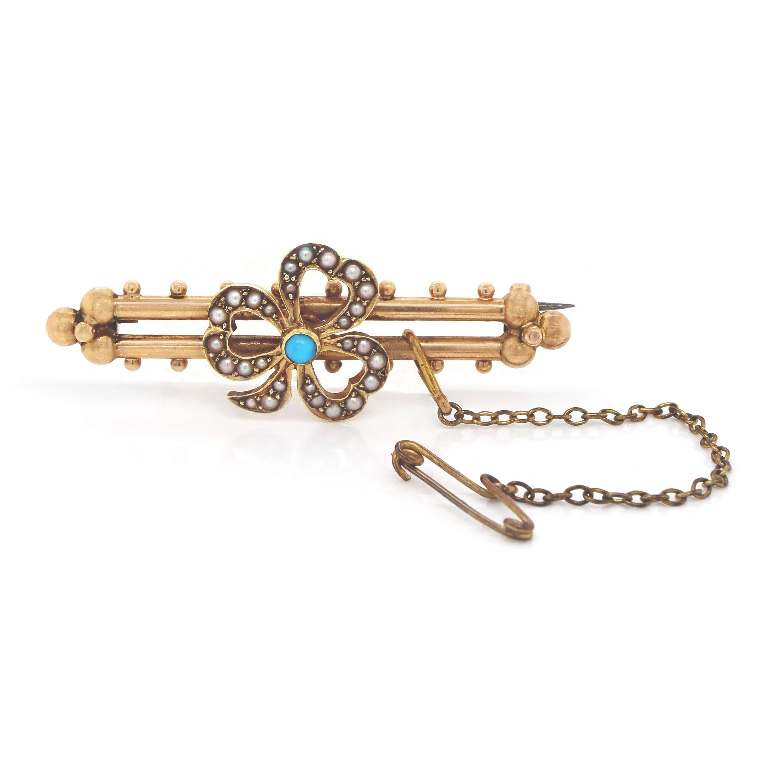 15CT White Gold Turquoise And Pearl Floral Brooch In Excellent Condition For Sale In Sydney, NSW