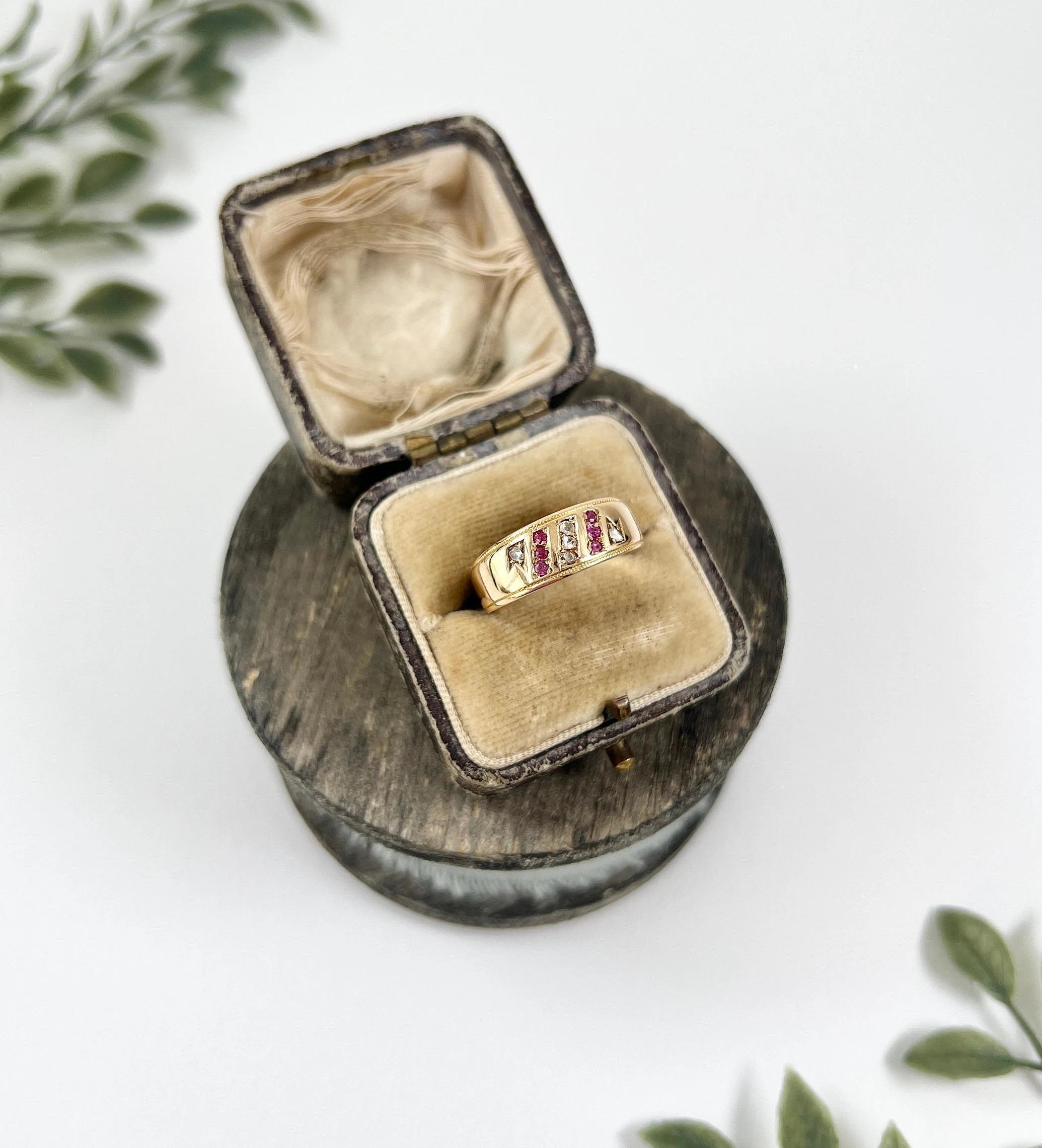 Antique Ring

15ct Yellow Gold Stamped

Hallmarked Birmingham 1890

Makers Mark J R & S

This 15ct gold ring is a true beauty and features rows of alternating natural rubies and diamonds elegantly set into the yellow gold band. The ring has a lovely