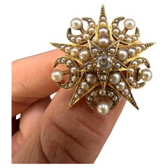 15ct Yellow Gold, Edwardian Diamond & Seed Pearl Crescent Star Brooch / Pendant
