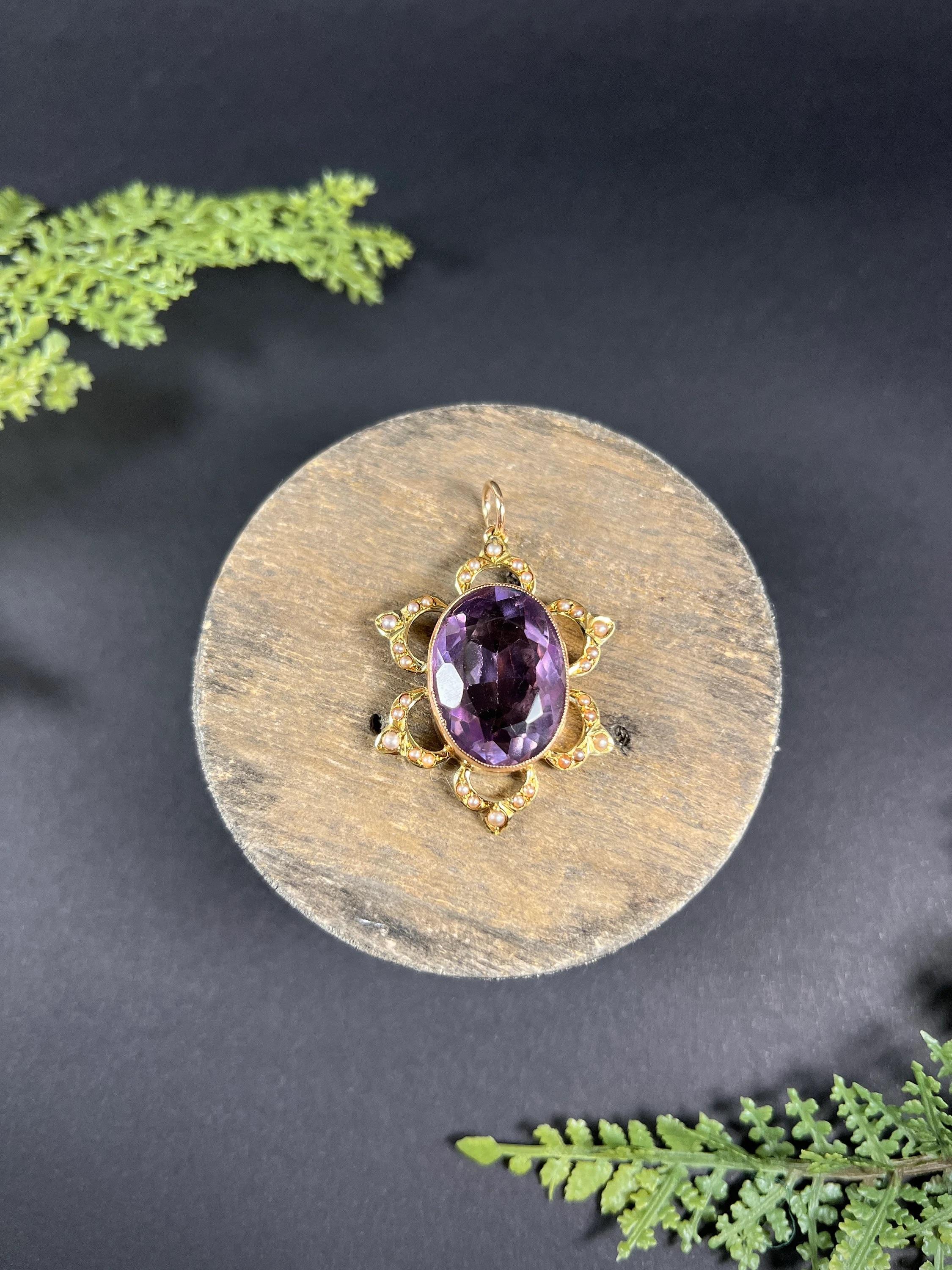 Pendentif édouardien en or jaune 15 carats avec grande améthyste ovale facettée et perles de rocaille en vente 4