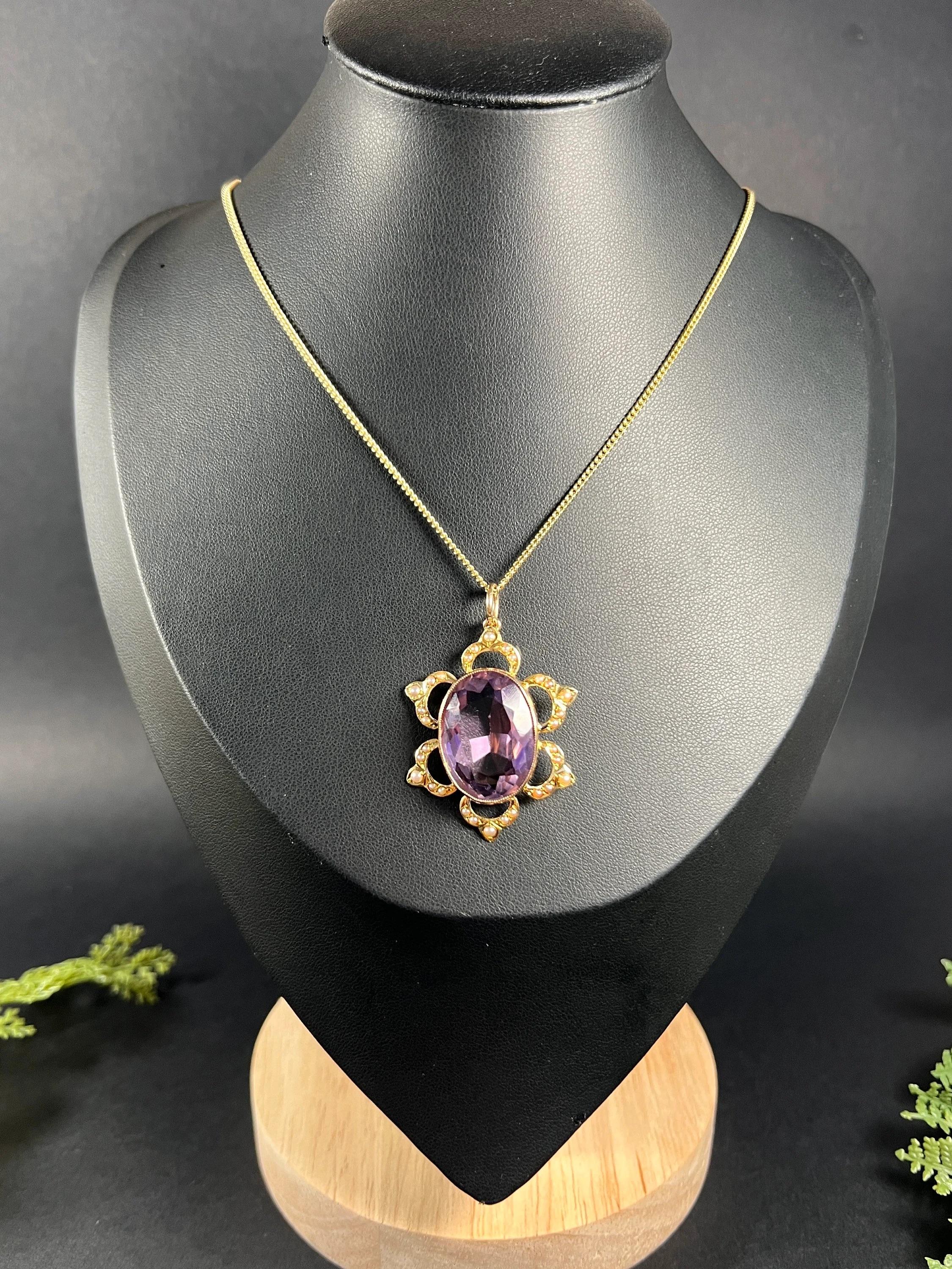 Pendentif édouardien en or jaune 15 carats avec grande améthyste ovale facettée et perles de rocaille en vente 3