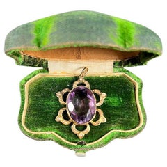 15ct Yellow Gold Edwardian Large Oval Faceted Amethyst & Seed Pearl Pendent
