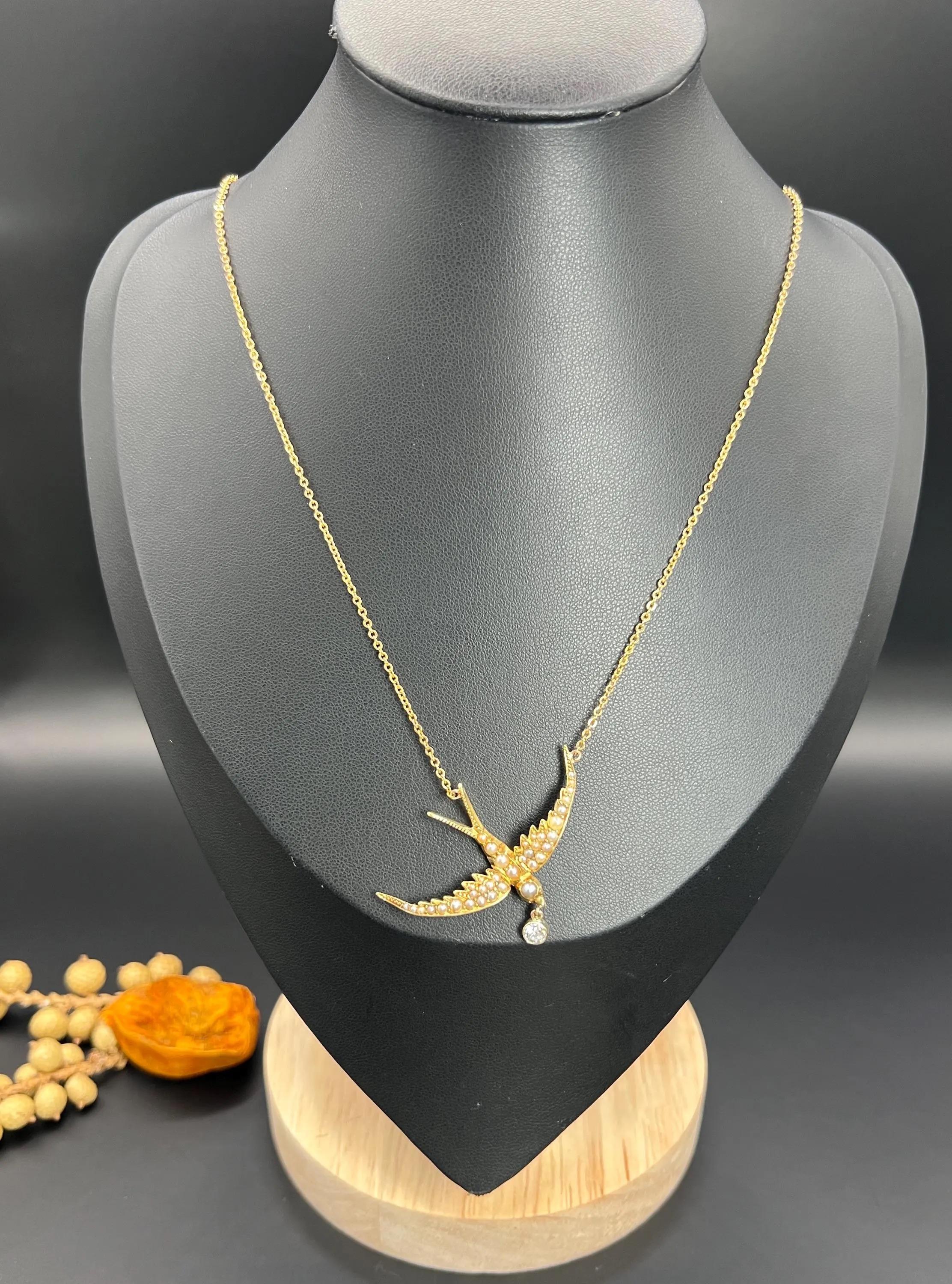 Round Cut 15ct Yellow Gold, Edwardian Pearl Swallow Pendant Necklace with Diamond Drop For Sale