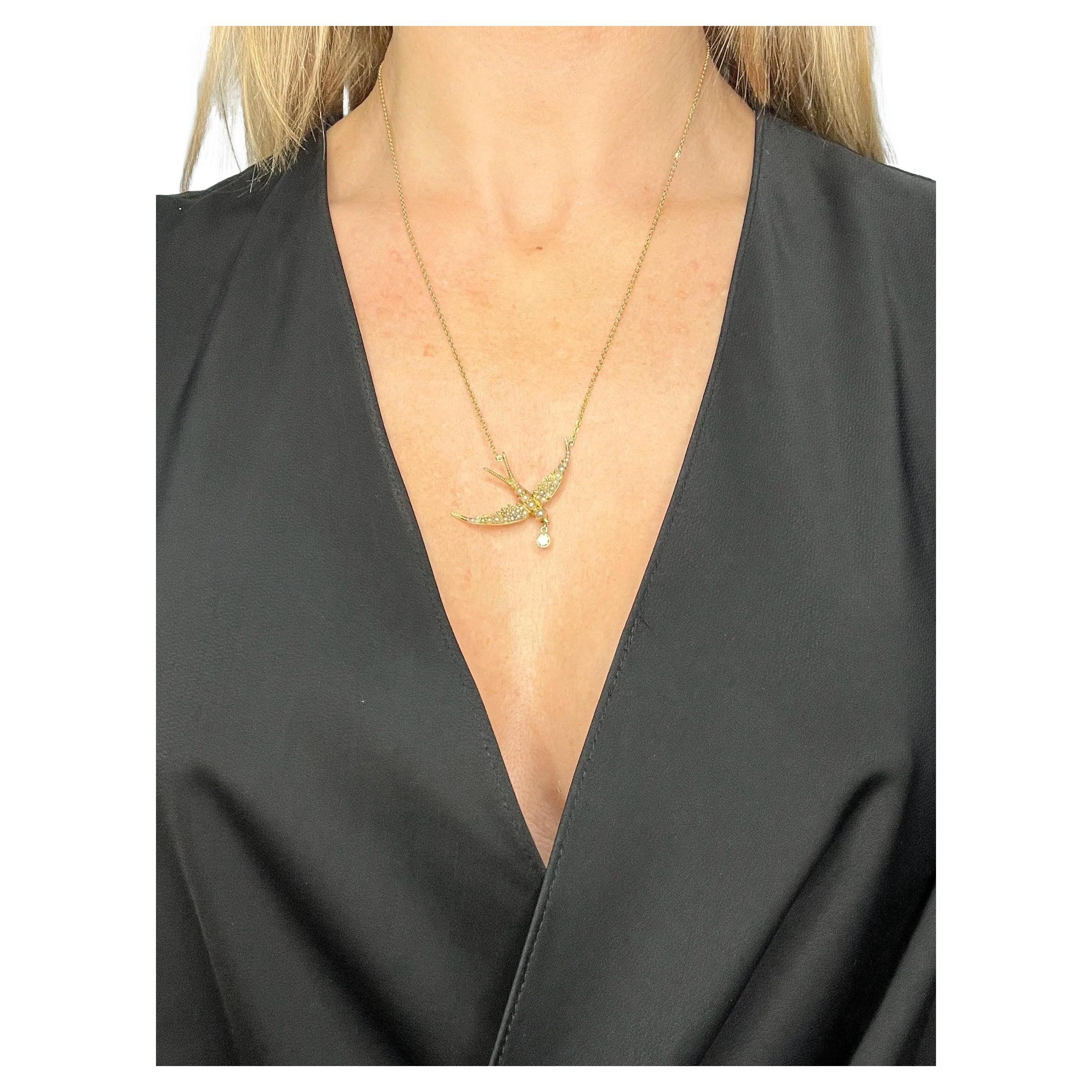 15ct Yellow Gold, Edwardian Pearl Swallow Pendant Necklace with Diamond Drop