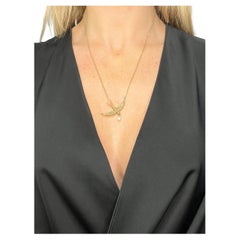 15ct Yellow Gold, Edwardian Pearl Swallow Pendant Necklace with Diamond Drop
