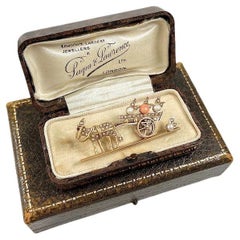 15ct Yellow Gold Edwardian Seed Pearl & Coral Donkey Pulling Apple Cart Brooch