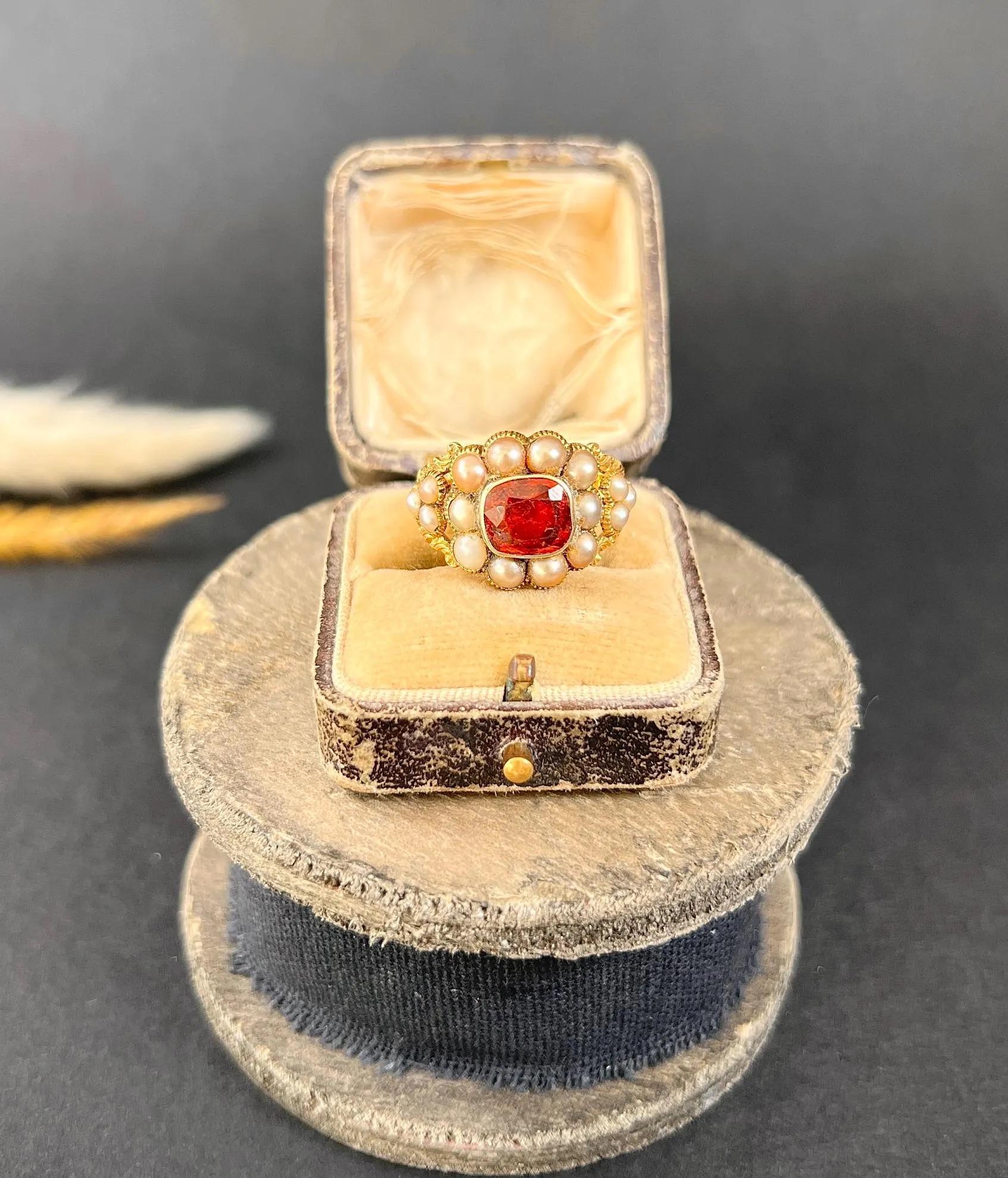 Cushion Cut 15ct Yellow Gold Georgian Rare Hessonite Garnet, Natural Seed Pearl Cluster Ring For Sale
