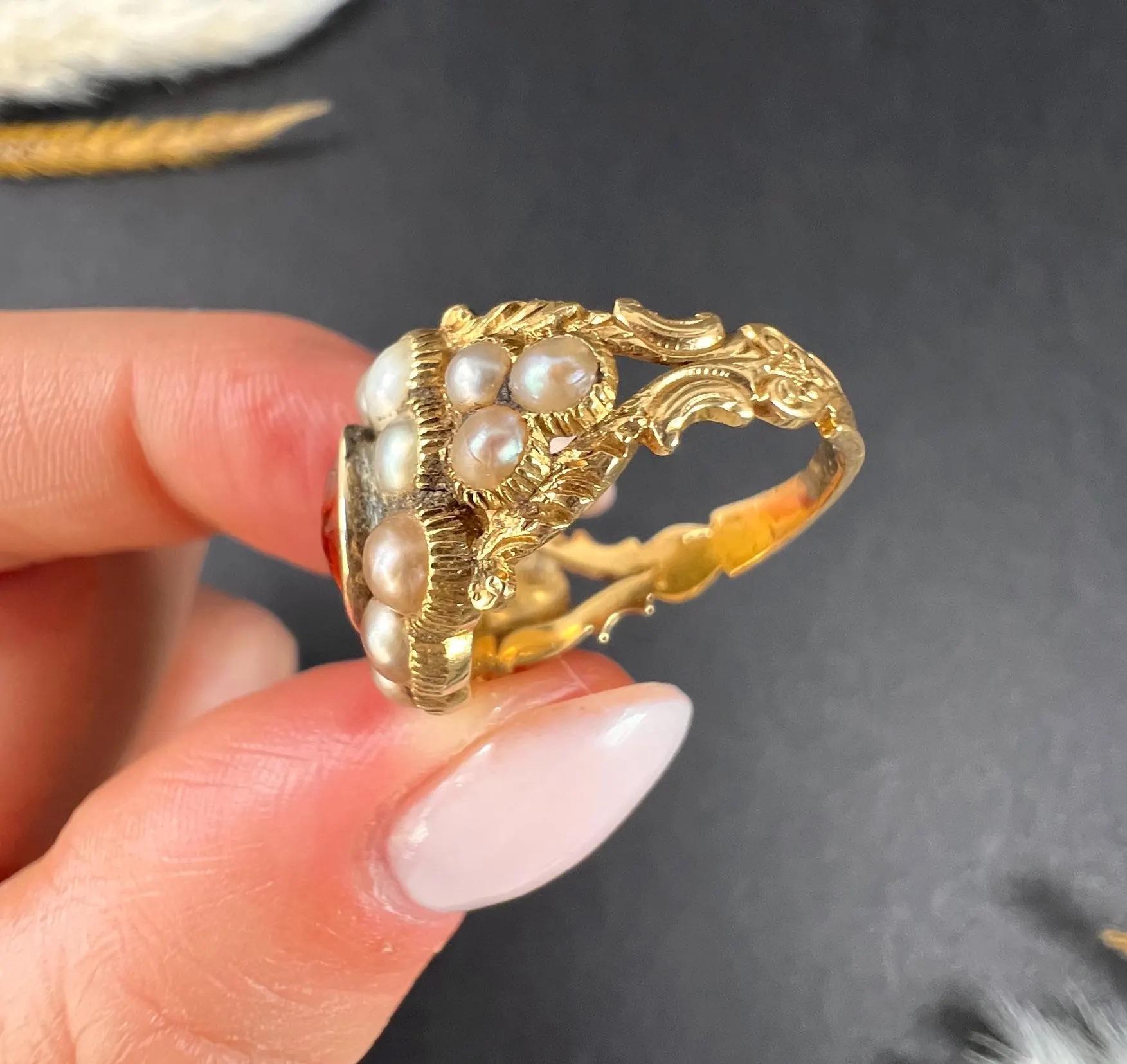 15ct Yellow Gold Georgian Rare Hessonite Garnet, Natural Seed Pearl Cluster Ring For Sale 3