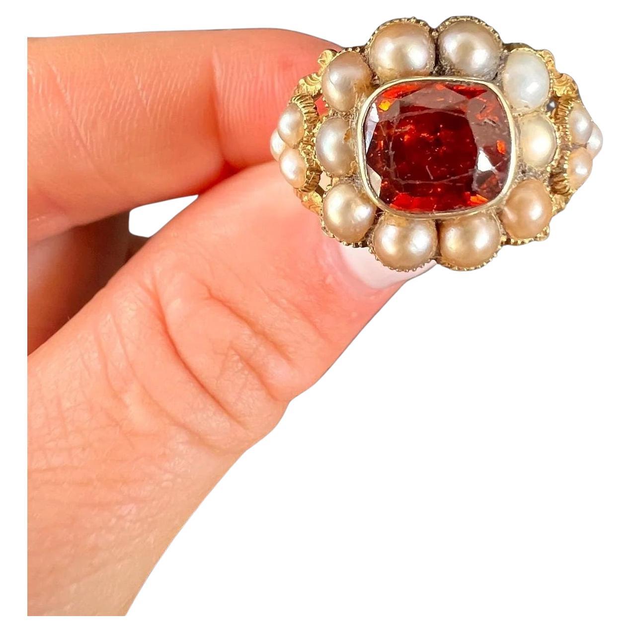 15ct Yellow Gold Georgian Rare Hessonite Garnet, Natural Seed Pearl Cluster Ring