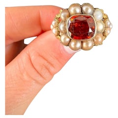 15ct Yellow Gold Georgian Rare Hessonite Garnet, Natural Seed Pearl Cluster Ring