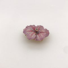15 Carat Yellow Gold Original Art Nouveau Enamel And Diamond Pink Flower Brooch