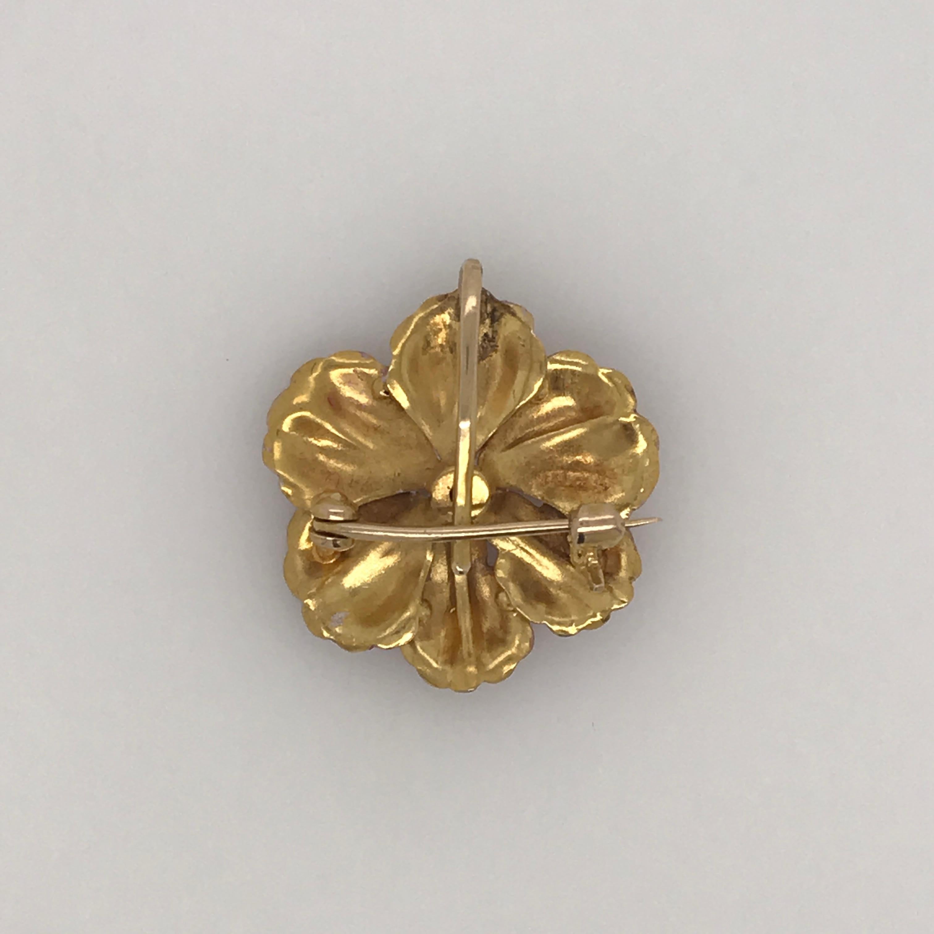Old Mine Cut 15 Carat Yellow Gold Original Art Nouveau Enamel And Diamond Pink Flower Brooch