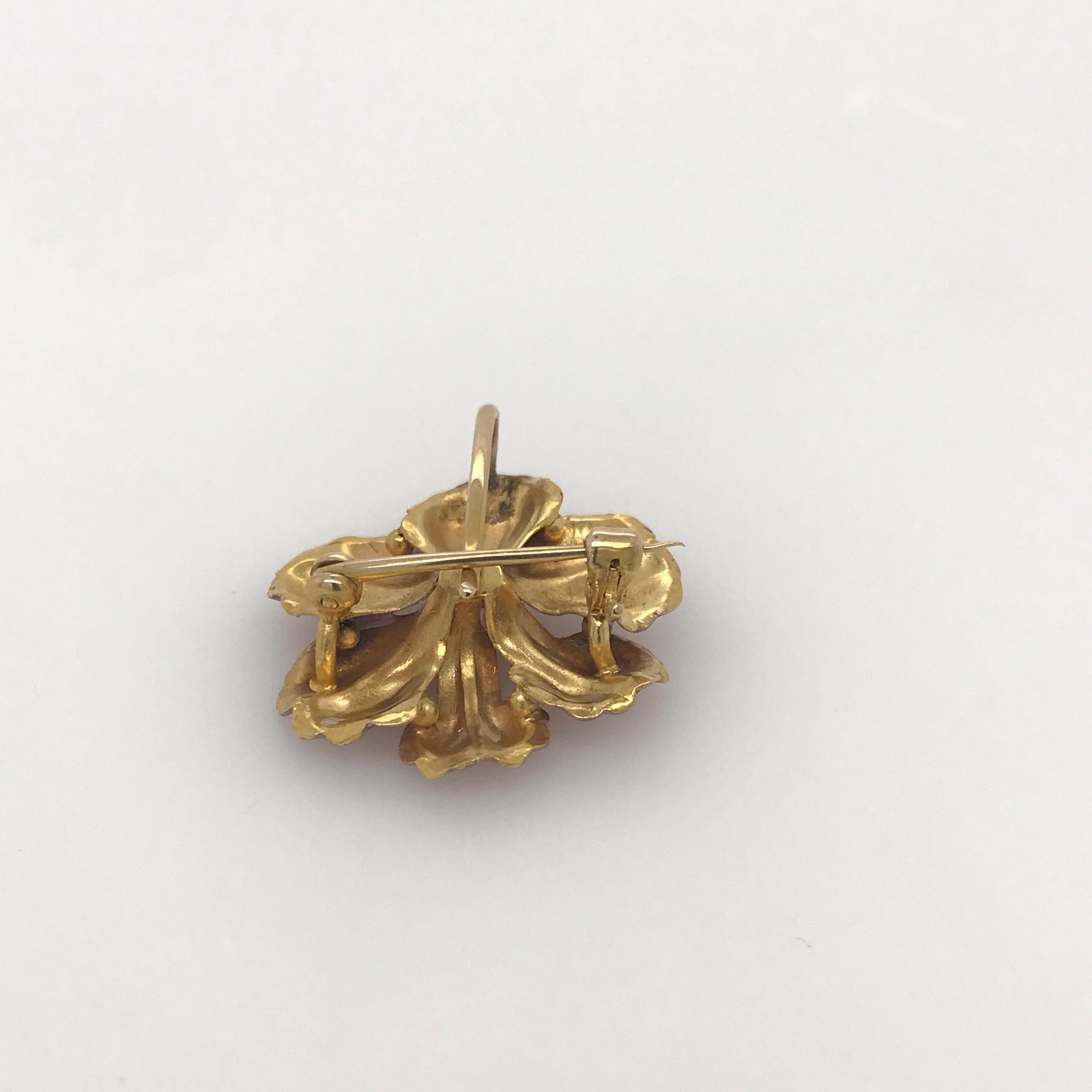 Women's or Men's 15 Carat Yellow Gold Original Art Nouveau Enamel And Diamond Pink Flower Brooch
