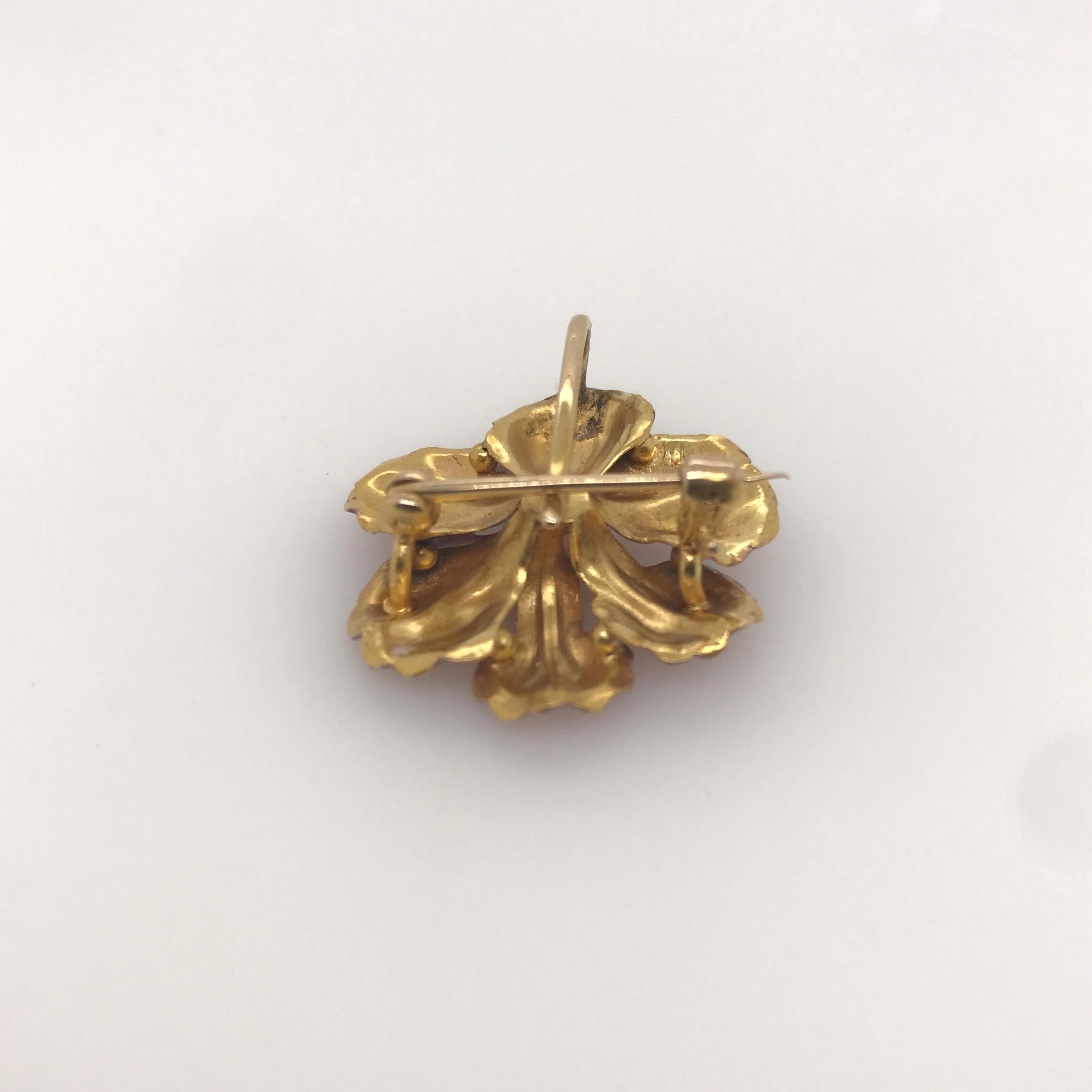 15 Carat Yellow Gold Original Art Nouveau Enamel And Diamond Pink Flower Brooch 1