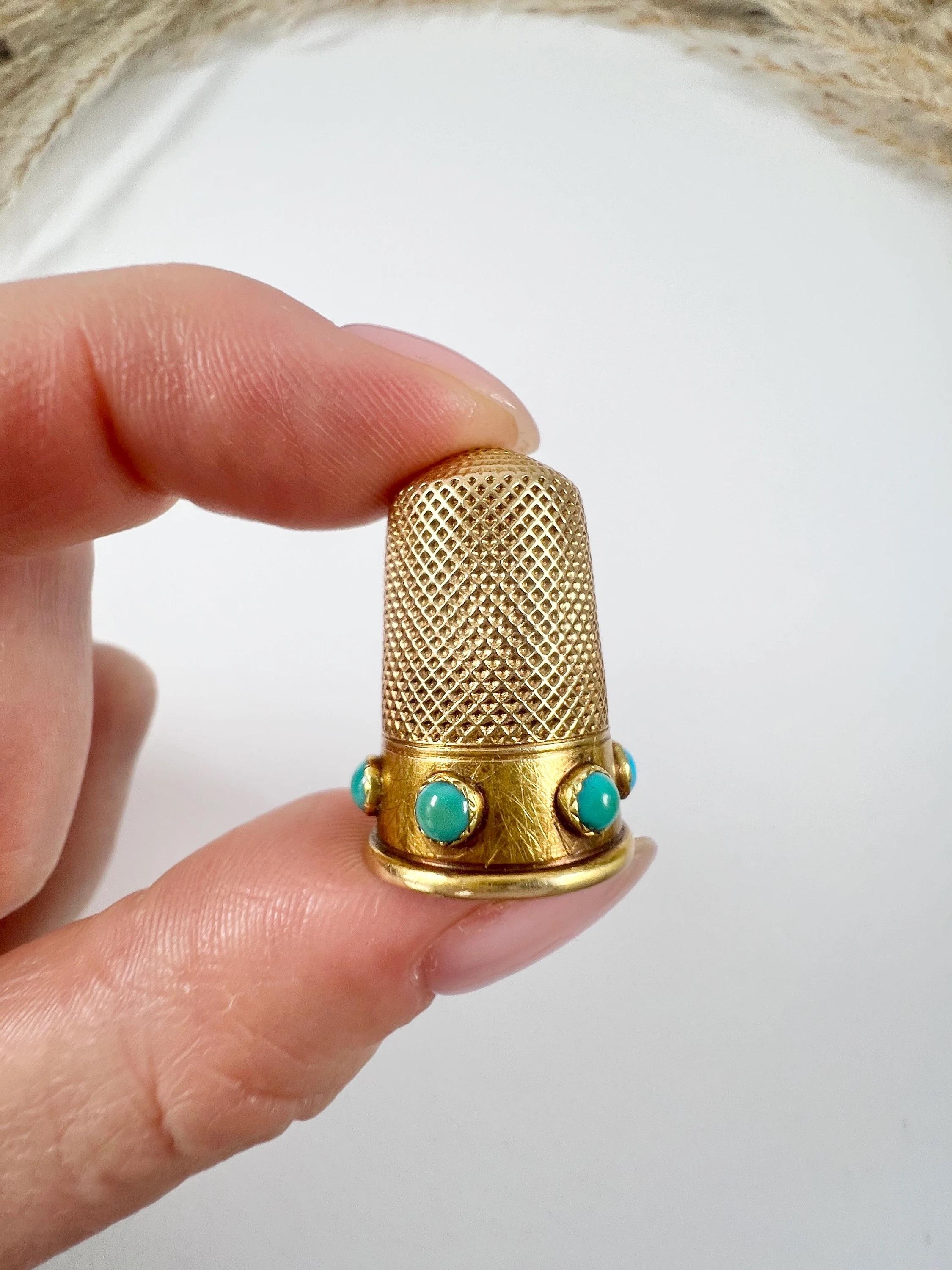 15 Karat Gelbgold & Türkis viktorianisches Gold Thimble mit Original Antikschachtel im Angebot 4