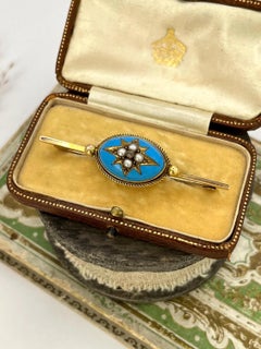 15ct Yellow Gold, Victorian Blue Enamel, Diamond & Seed Pearl Brooch Circa 1880