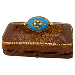 15ct Yellow Gold, Victorian Blue Enamel, Diamond & Seed Pearl Brooch Circa 1880