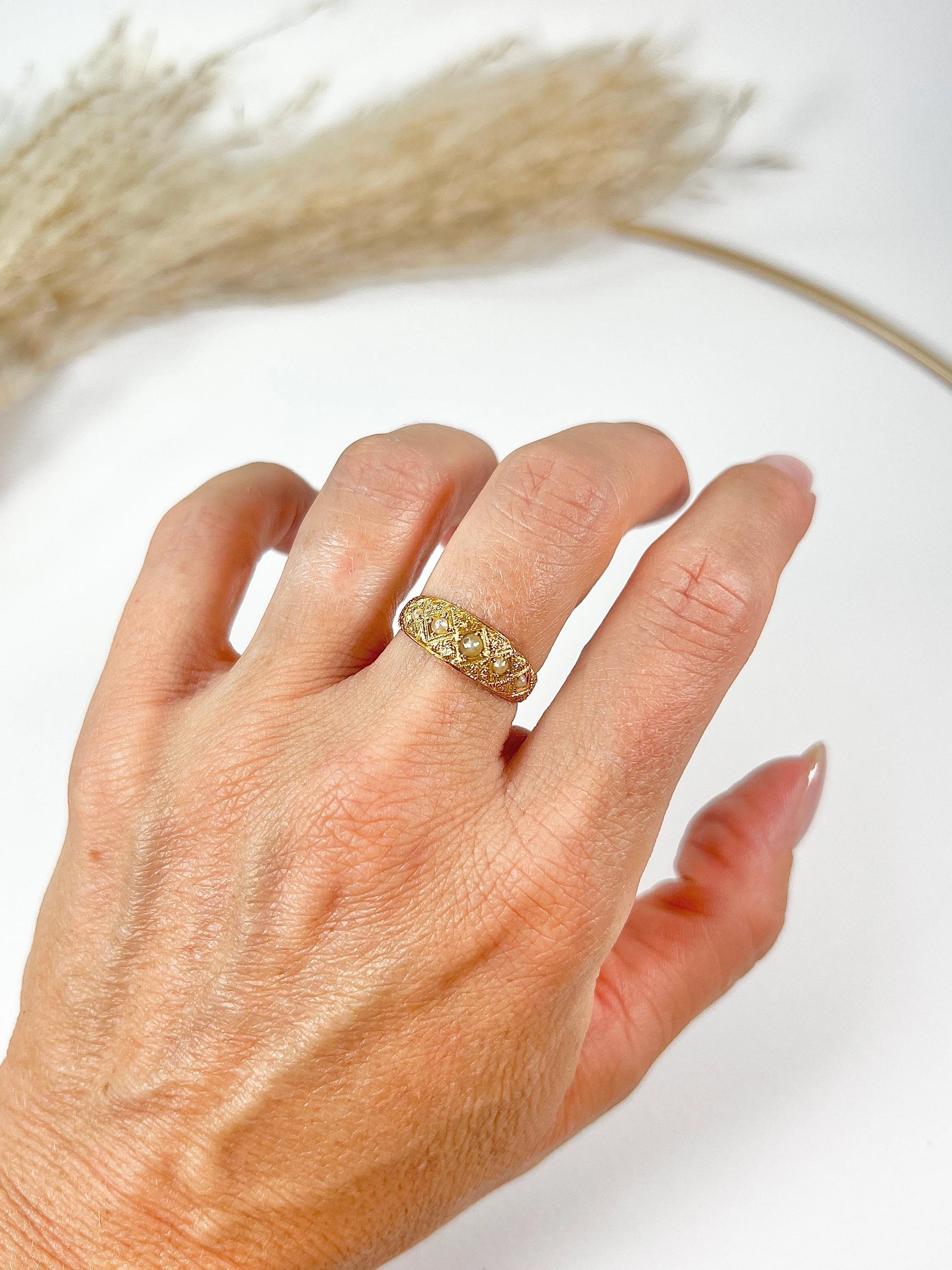 15ct Yellow Gold Victorian Five Stone Pearl Band Ring Hallmarked Chester 1887 7