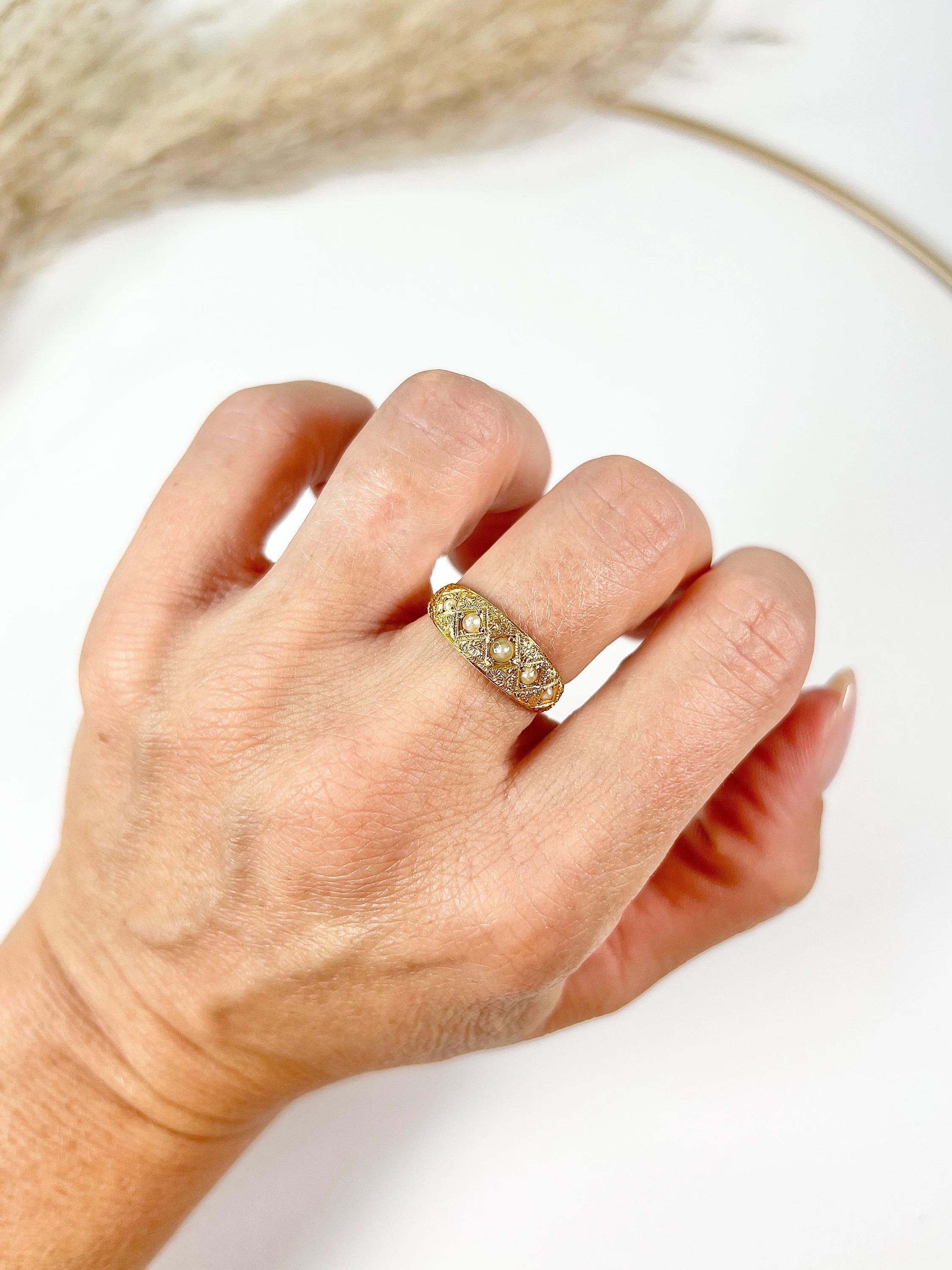 Women's or Men's 15ct Yellow Gold Victorian Five Stone Pearl Band Ring Hallmarked Chester 1887