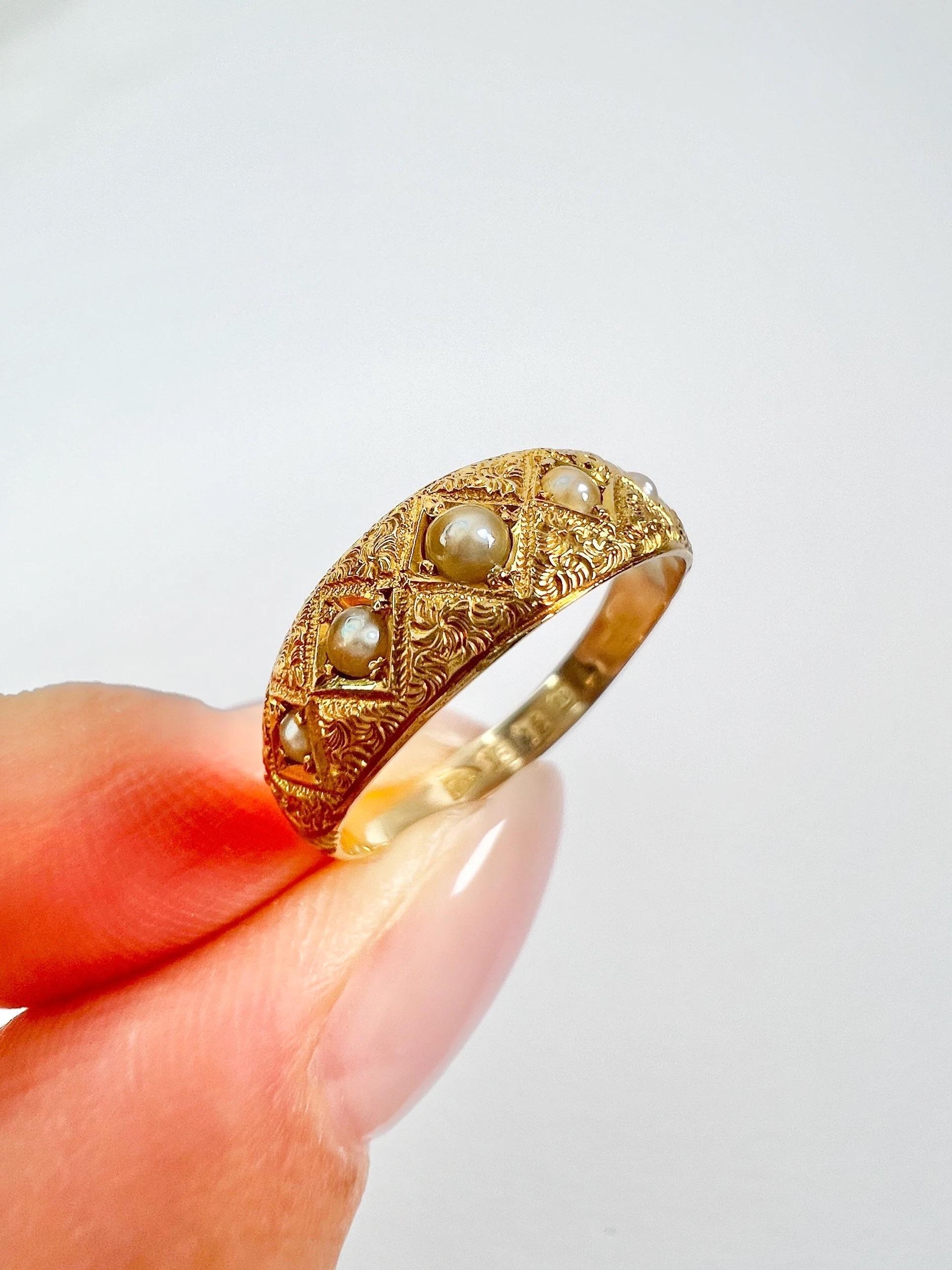 15ct Yellow Gold Victorian Five Stone Pearl Band Ring Hallmarked Chester 1887 3