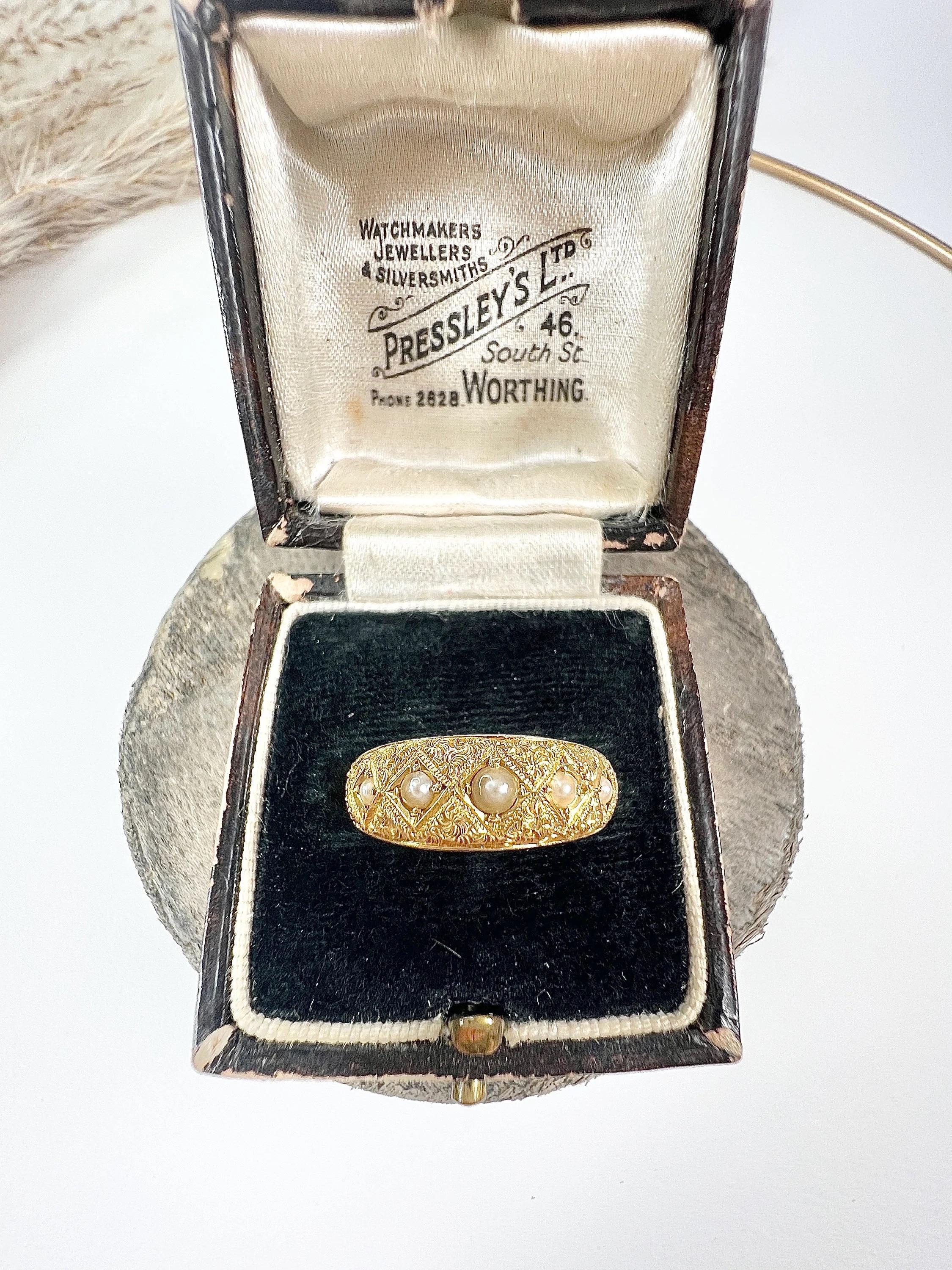 15ct Yellow Gold Victorian Five Stone Pearl Band Ring Hallmarked Chester 1887 4