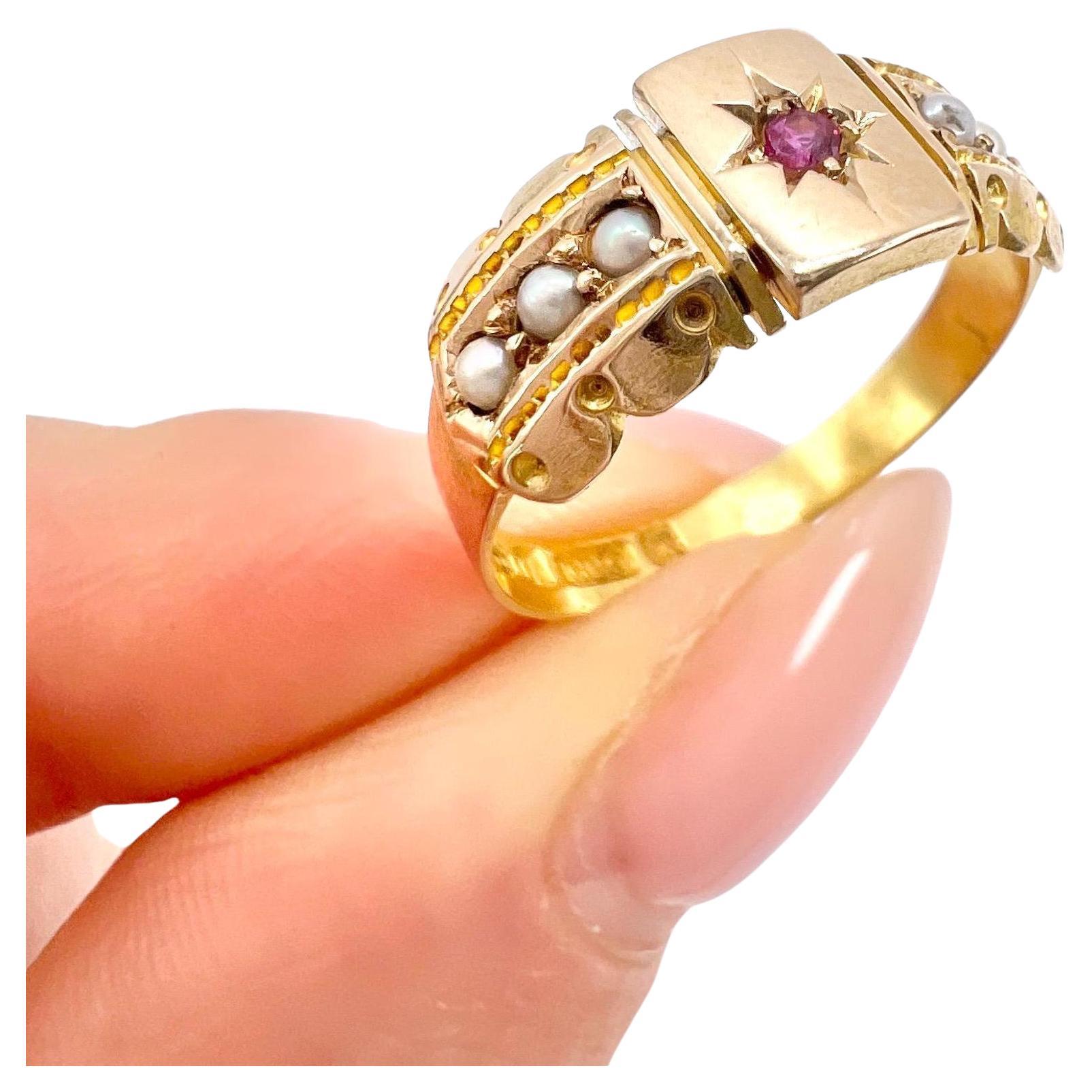 15ct Yellow Gold, Victorian Star Set Ruby & Pearl Ring, Hallmarked Chester 1884