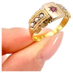 Anillo victoriano de oro amarillo de 15 ct con rubí y perla engastados en forma de estrella, Hallmarked Chester 1884