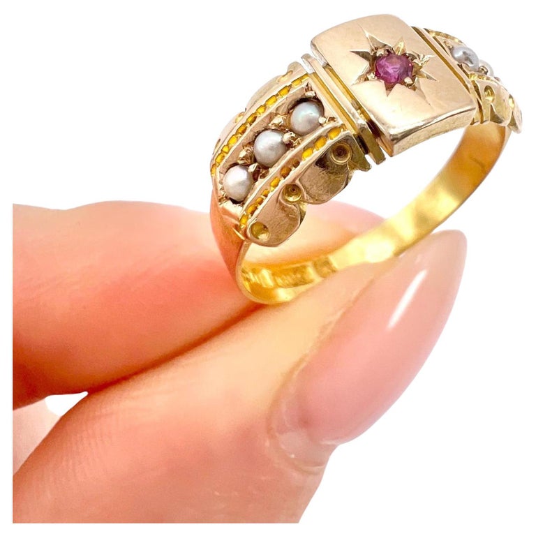 15ct Yellow Gold, Victorian Star Set Ruby and Pearl Ring