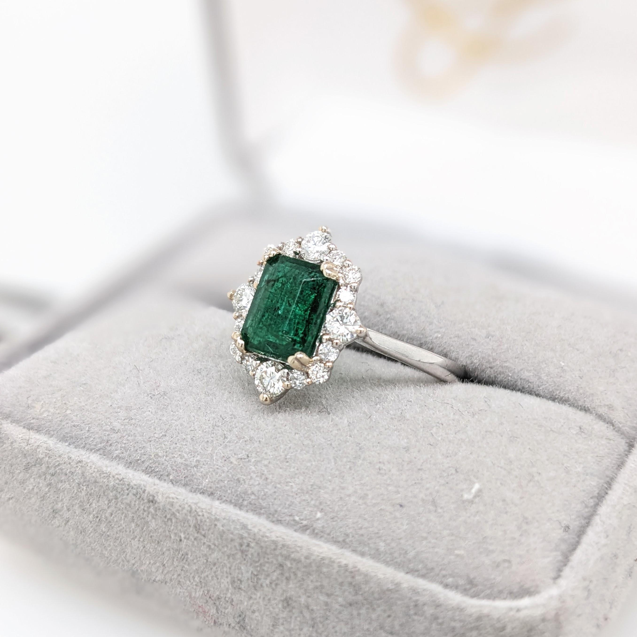 Art Deco 1.5cts 8x6mm Zambian Emerald Ring with Natural Diamond Halo in 14K White Gold For Sale