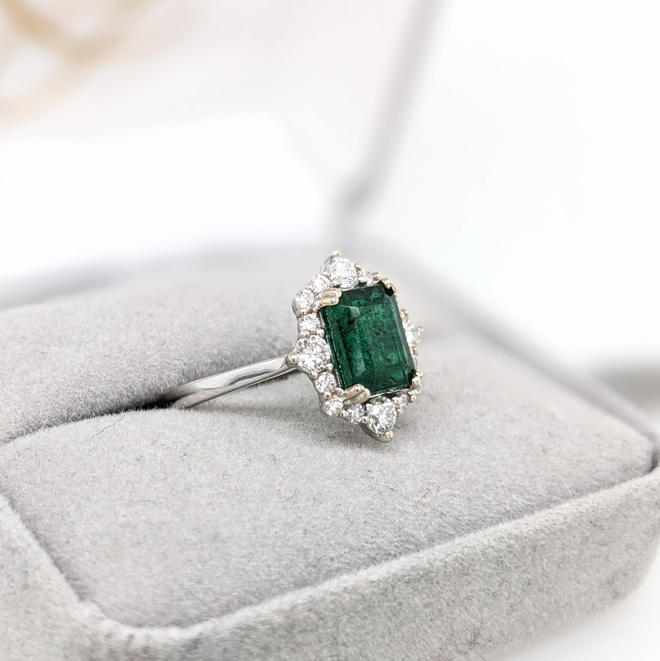 Emerald Cut 1.5cts 8x6mm Zambian Emerald Ring with Natural Diamond Halo in 14K White Gold For Sale