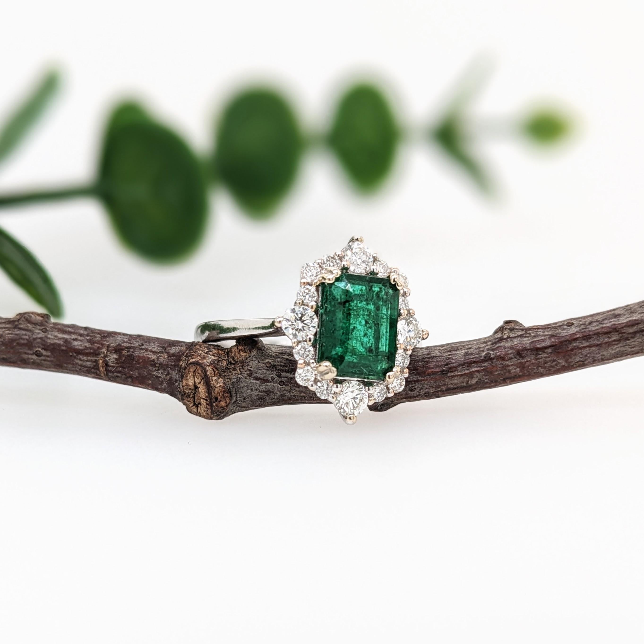 1.5cts 8x6mm Zambian Emerald Ring with Natural Diamond Halo in 14K White Gold In New Condition For Sale In Columbus, OH