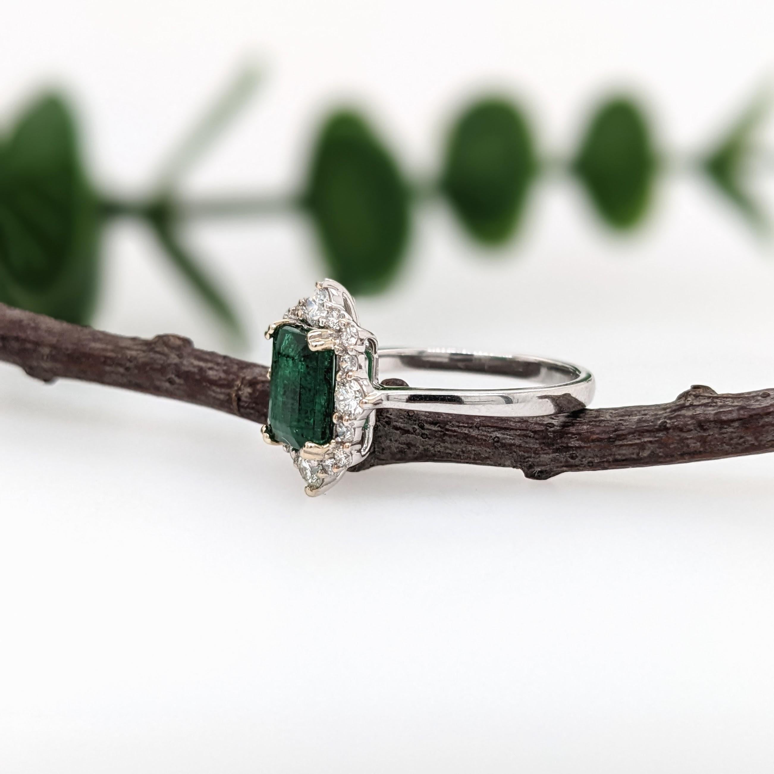 Women's 1.5cts 8x6mm Zambian Emerald Ring with Natural Diamond Halo in 14K White Gold For Sale