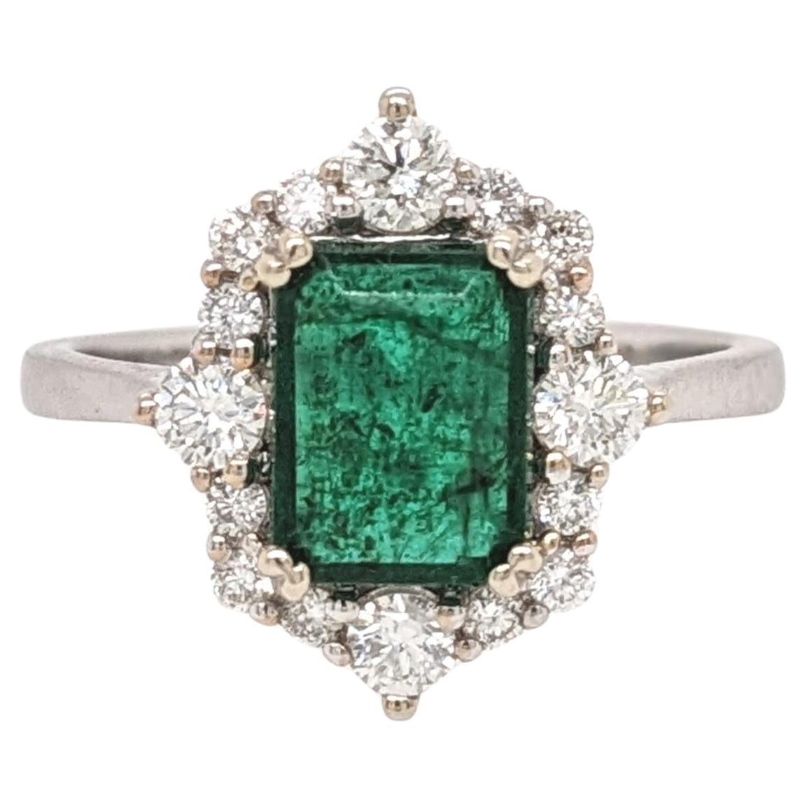 1.5cts 8x6mm Zambian Emerald Ring with Natural Diamond Halo in 14K White Gold